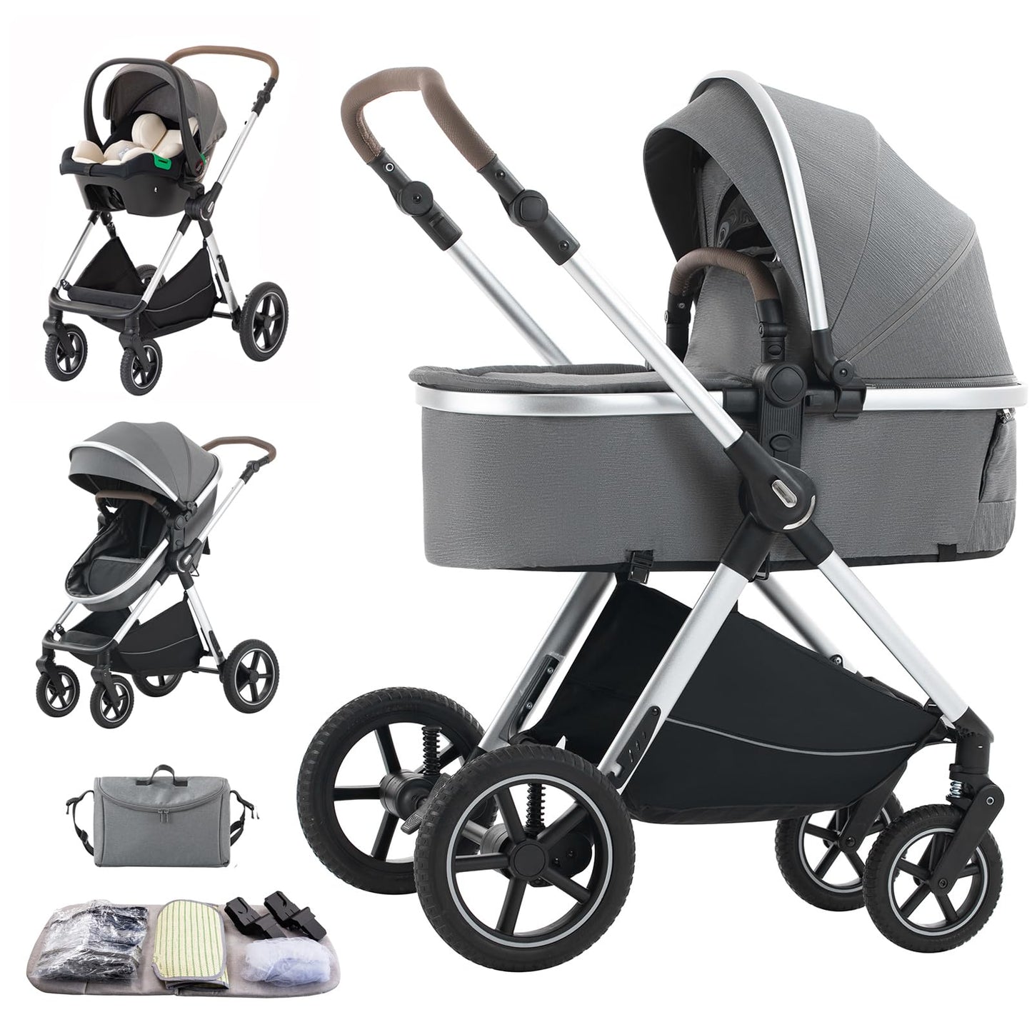 3 in 1 Baby Stroller with Height Adjustable Handle,3 in 1 Prams Travel System, Lightweight Foldable Pushchair, Prams with Aluminum Frame for Portable Baby Carriage (D2 Pink, H2-D)