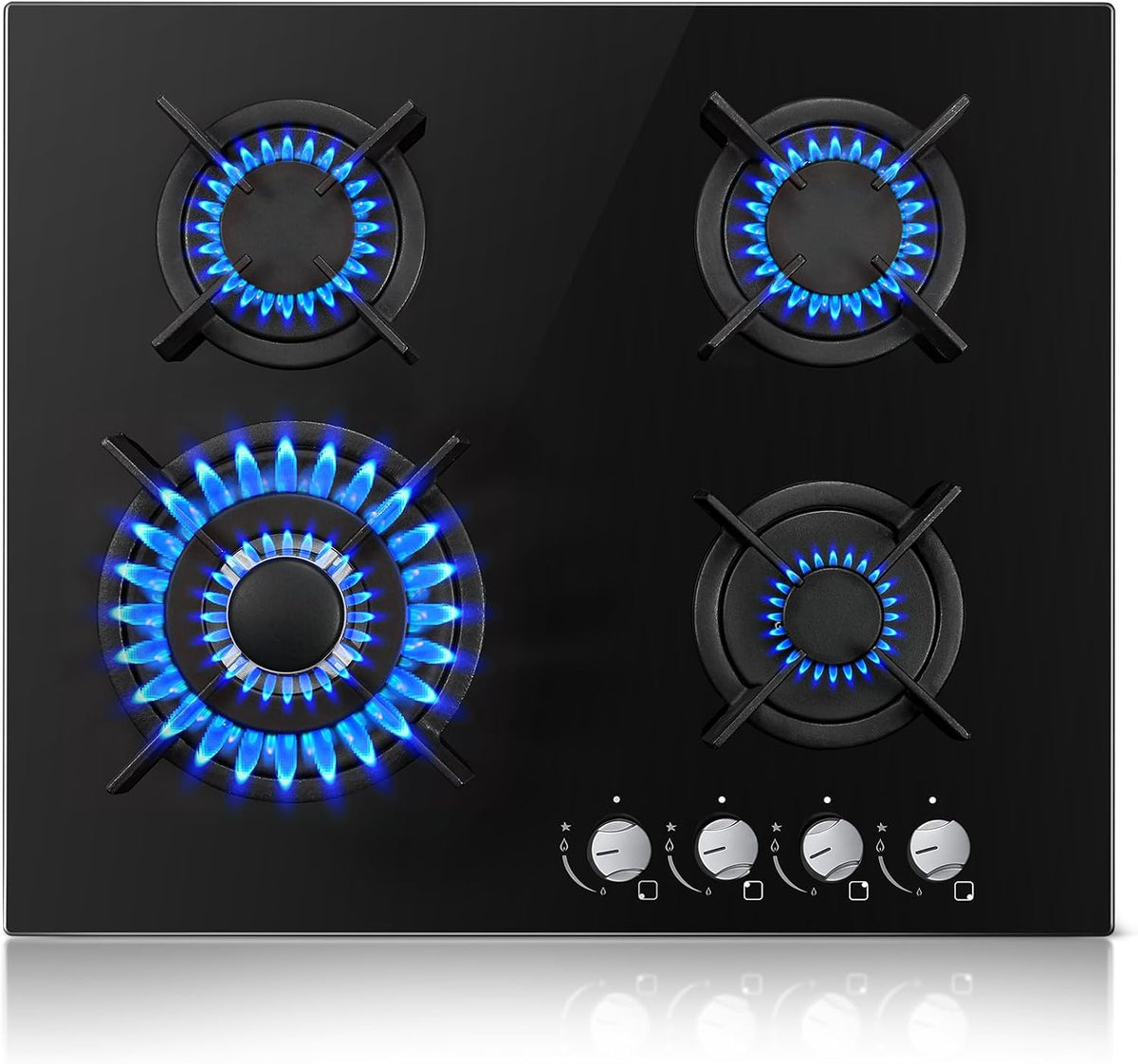 TopStrong Gas Hob 4 Burners, 60cm Black Glass Built-in Cooktop with 8060W Wok Burner & Thermocouple Protection, Natural Gas & LPG Compatible