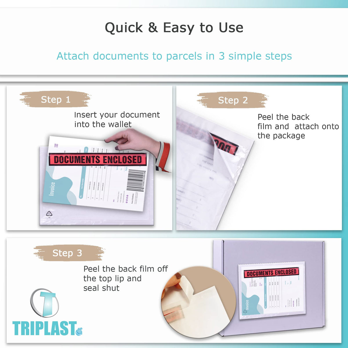 Triplast 200 x DL Printed Document Enclosed Wallet (230 x 110 mm) | Peel & Seal Clear Plastic Envelopes/Sleeves/Pockets/Wallets | Attach Invoices, Packing Lists & Delivery Notes to Parcels