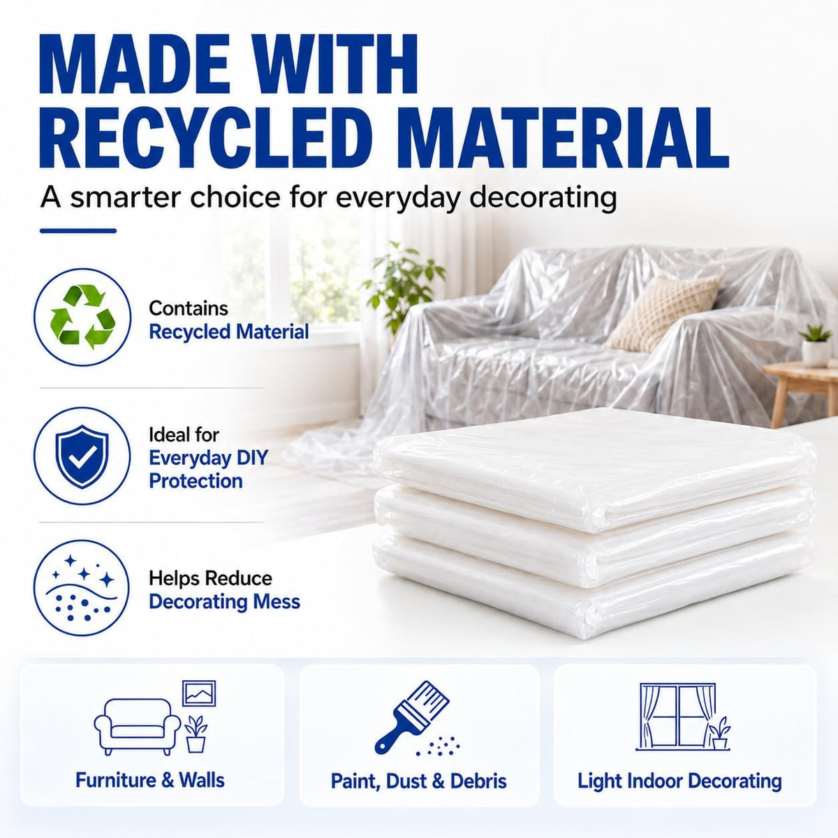 Raulde 6 Pack Extra Large Plastic Dust Sheets for Decorating 3.6 x 3m (12 x 10ft), Light Dust Sheet for Painting & Furniture - Plastic Sheet - Plastic Sheeting - Decorating Sheets - Dust Cover