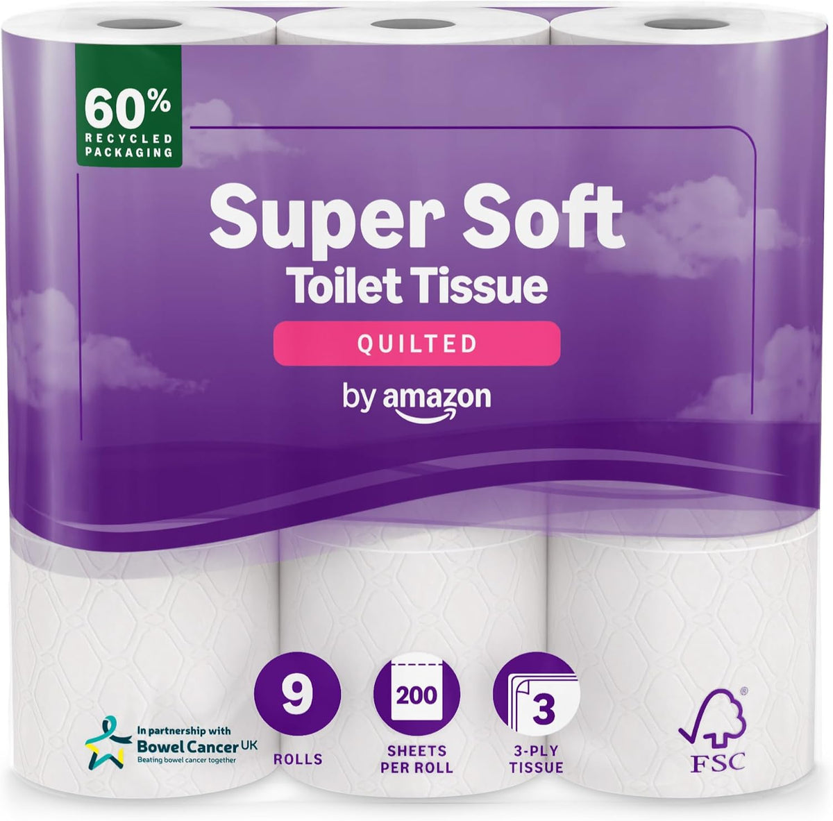 by Amazon Super Soft Toilet Tissue, 3-ply, 9 Rolls (1 Pack of 9), 200 Sheets per Roll