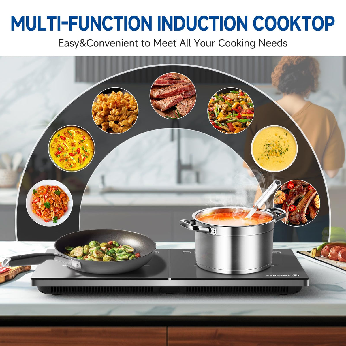 AMZCHEF Single Induction Cooker, Ultra-thin Induction Hob with Fashion Look, 20-level Power and Temperature Control, Black Frosted Glass Panel, Touch Sensor, 3-hour Timer, Safety Lock