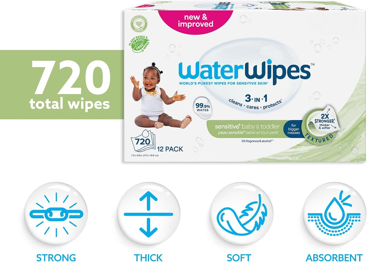 WaterWipes Sensitive+ Baby & Toddler Wipes, 99.9% Water, Unscented, 12 Pack