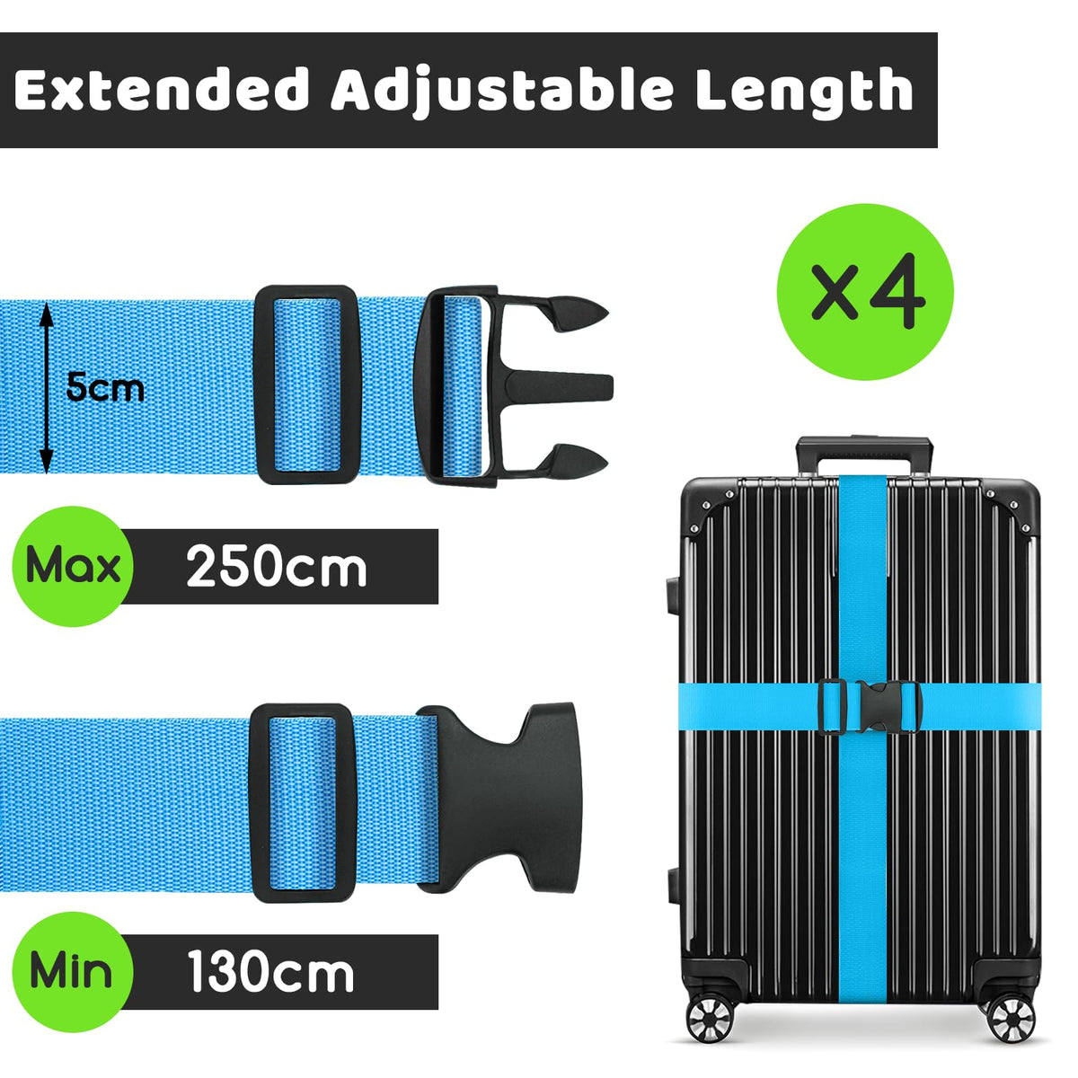 WISYOK Luggage Straps Extended, 4 Pack, 130-250cm Adjustable, Blue Orange