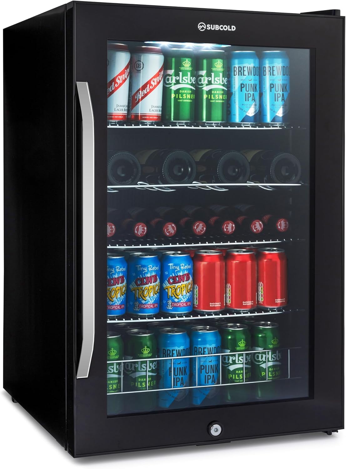 Subcold Ace90 LED Touch Control Beer Fridge With Glass Door | Premium Drinks & Wine Fridge | Black Alu Handle, Auto Defrost, Lockable | 91 Cans | Ideal for Home Bar Undercounter