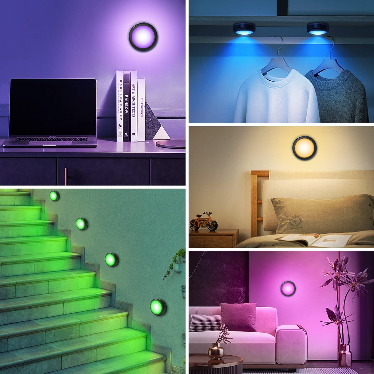 Under Cabinet Lights RGB Wireless Lights LED Closet Lights Night 3000K Dimmable 6pc Cadrim 13 Colors Changing Remote Control Brightness Adjustable Timer Battery Powered Light Kitchen Wardrobe Cupboard