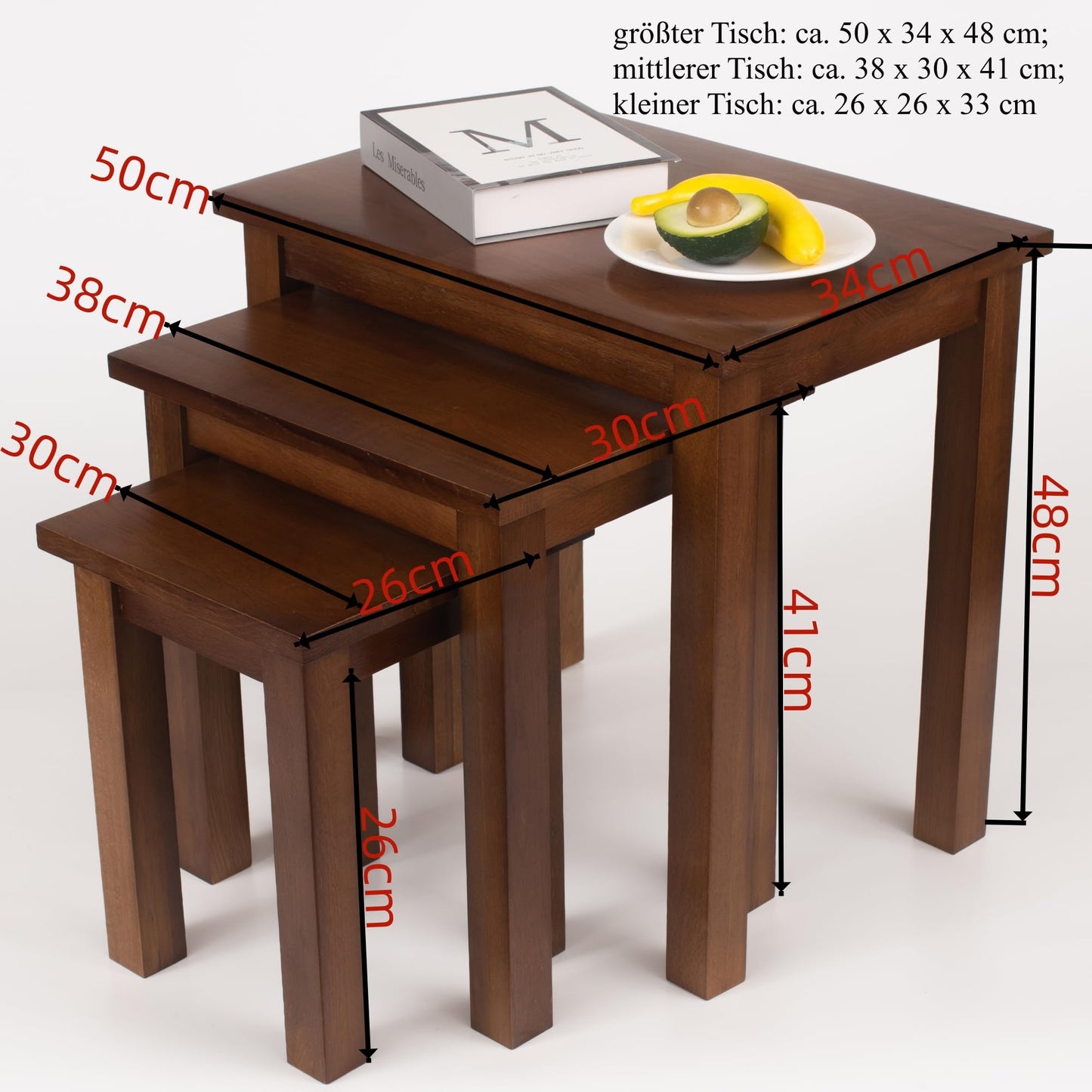 Oak 3 Nest of Tables, Solid Wooden Nesting Tables, Wooden Table Lamp, Plant Table, Multifunctional Nested Coffee Table, Side Tables for Living Room