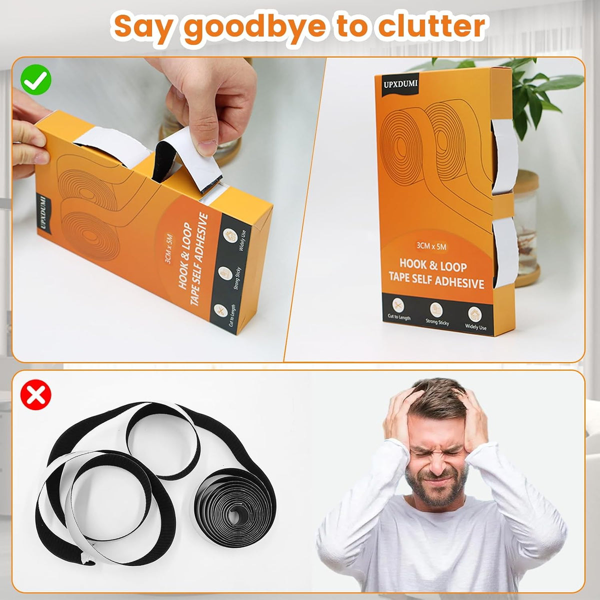 UPXDUMI Hook and Loop Tape 30mm x 5m Multipurpose Strong Self Adhesive Strips Heavy Duty Double Sided Sticky Back Roll Suitable for Home Carpet Sofa Picture Hanging Fabric Industrial Outdoor Black