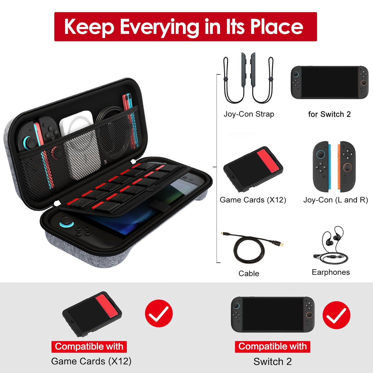 ivoler Carry Case for Nintendo Switch 2 (2025 Model) – Protective Portable Hard Shell Pouch Carrying Travel Game Bag for Nintendo Switch 2 Accessories Holds 12 Game Cartridge– Black