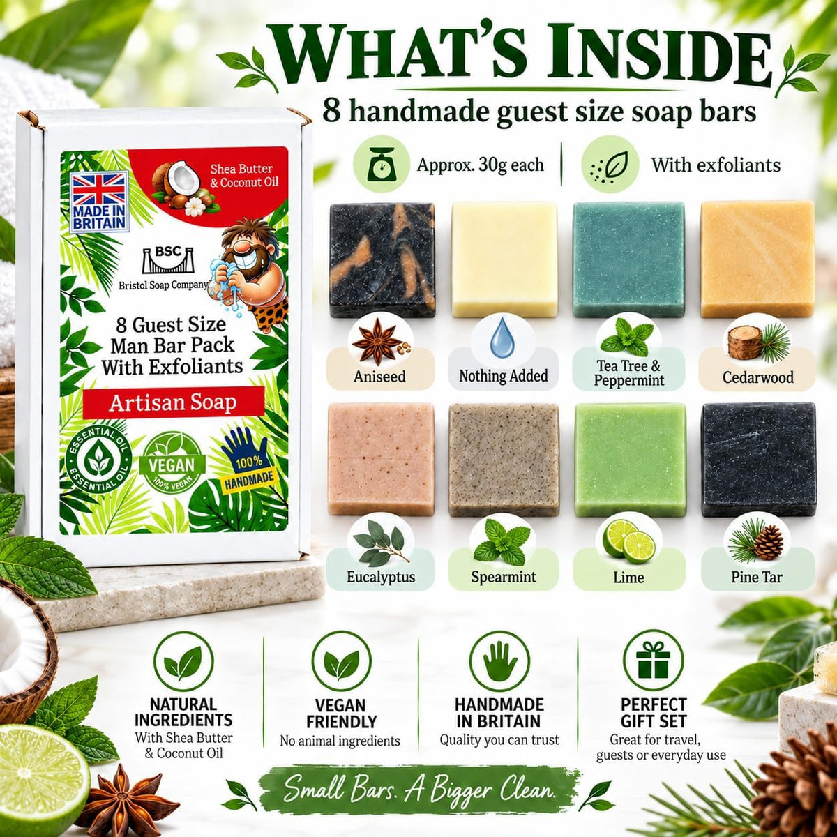 Bristol Soap Company Artisan Soap Guest Size Man Bar Pack, 8 x 30g