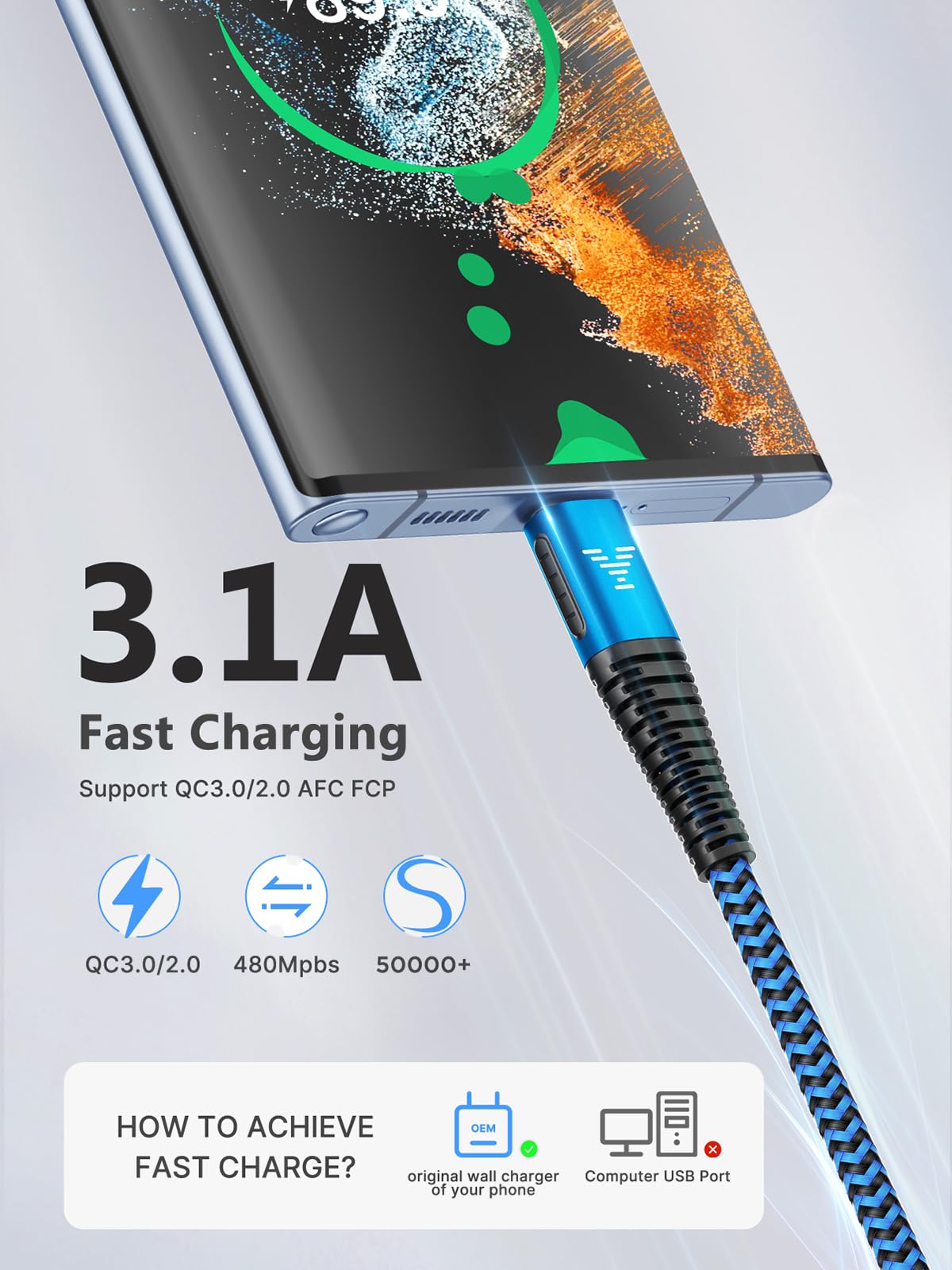 Yosou USB C Charger Cable 2M 2Pack USB A to USB C Type C Charger Fast Charging 3A Lead Braided for Samsung Galaxy S22 S21 S20,Pixel 8 7 6,PS5,Switch