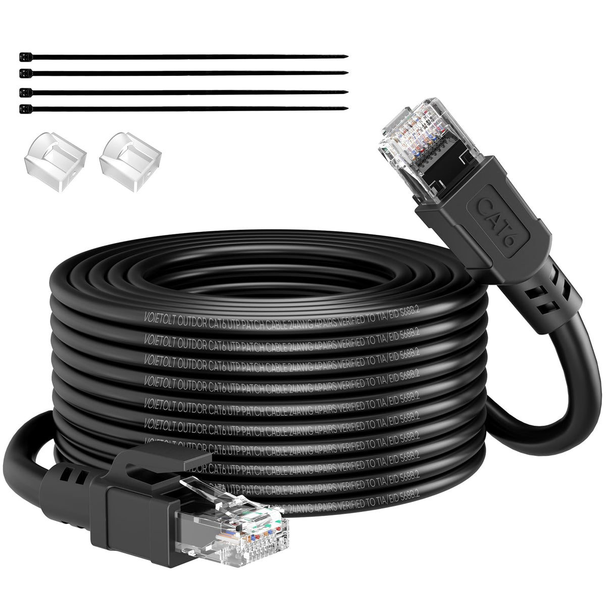 Outdoor Cat 6 Ethernet Cable 75m, Water Resistant Direct Burial LLDPE UV Jacket - 24AWG 10Gbps High Speed Gigabit Internet Network Cable - CCA, UTP with 80 Ties - Black