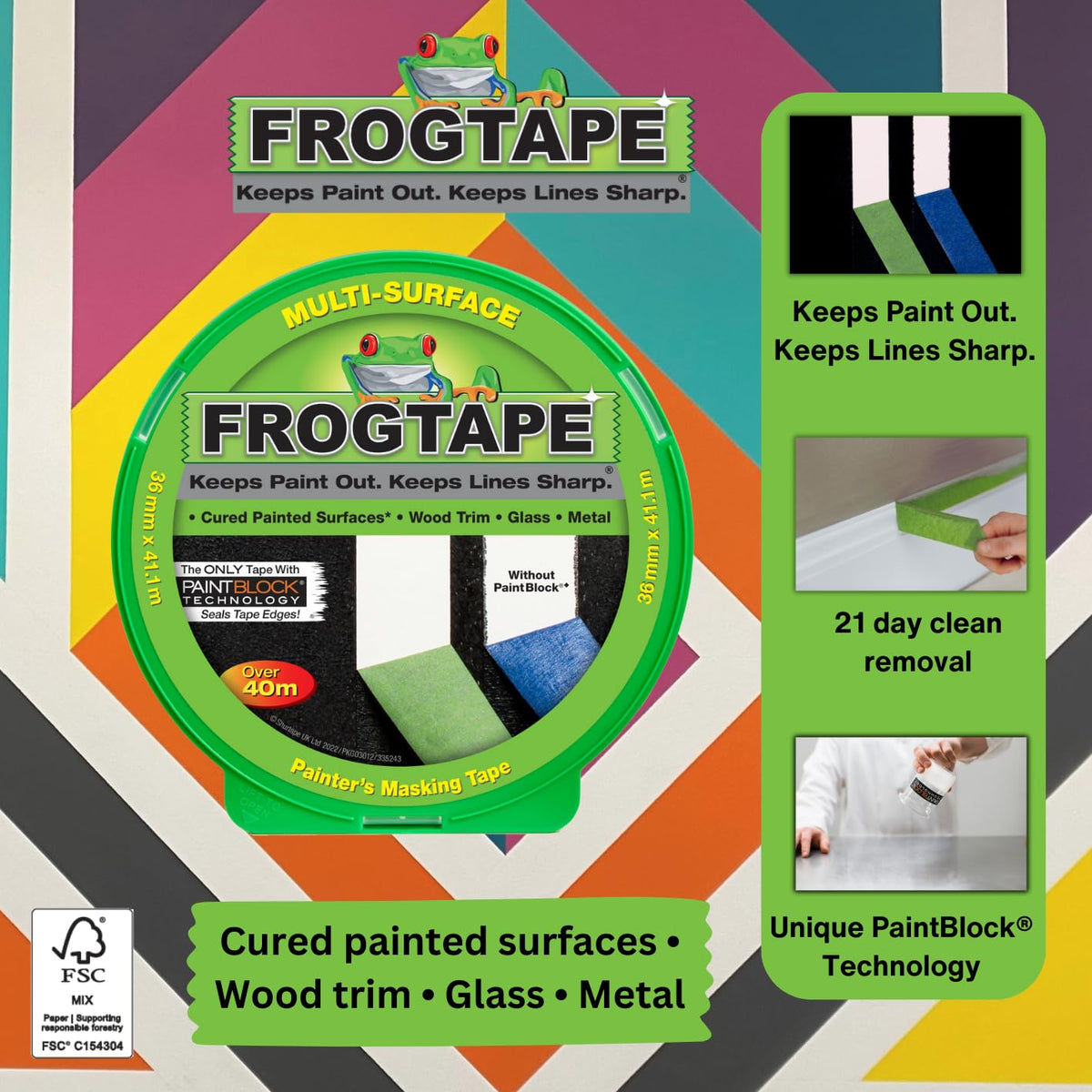 Frog Tape Green Multi Surface Painters Masking Tape, Indoor Painting and Decorating For Sharp Lines and No Paint Bleed 24mm x 55m