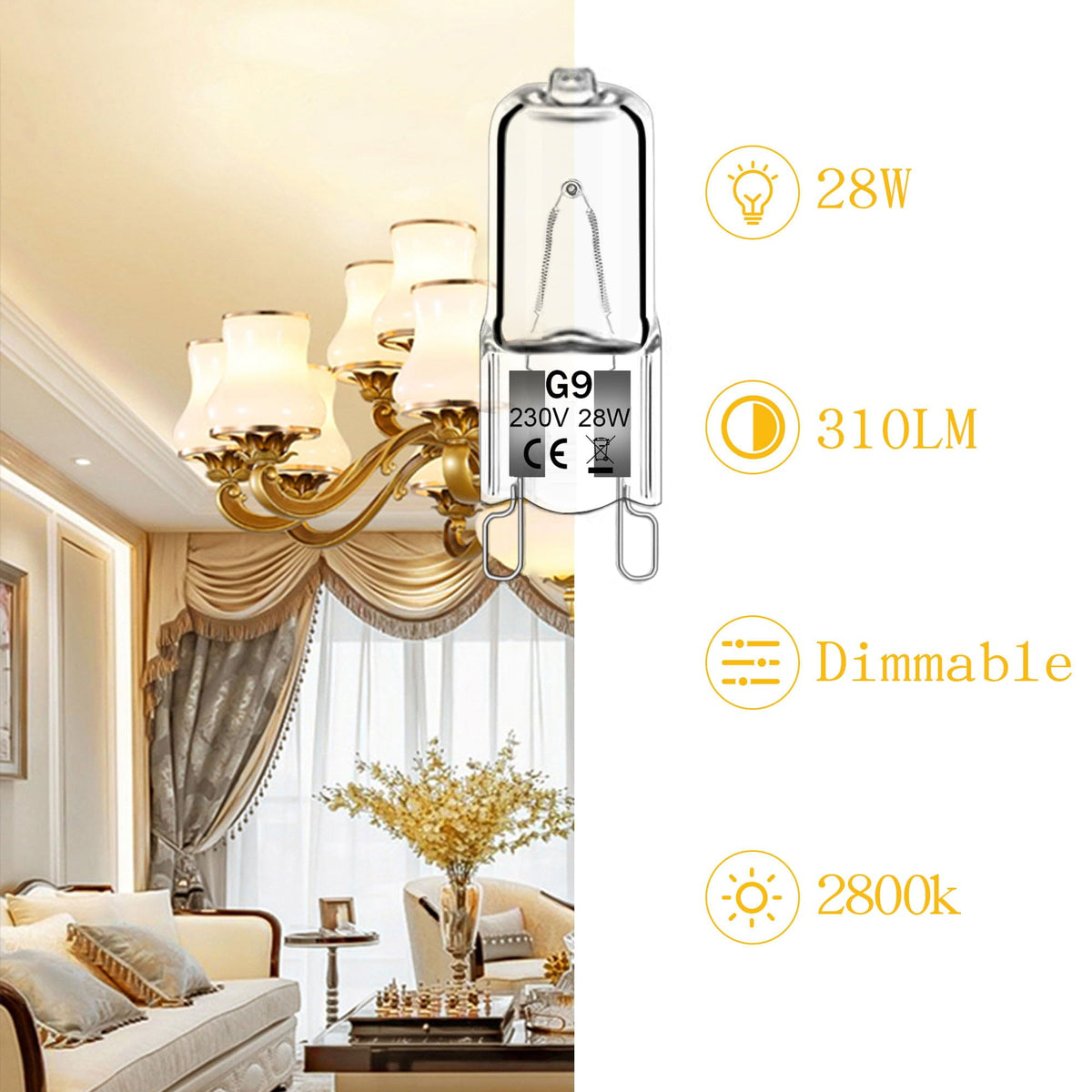 Haraqi 12 Pack G9 Halogen Bulbs 28W 230V 2800K Warm White 310Lm
