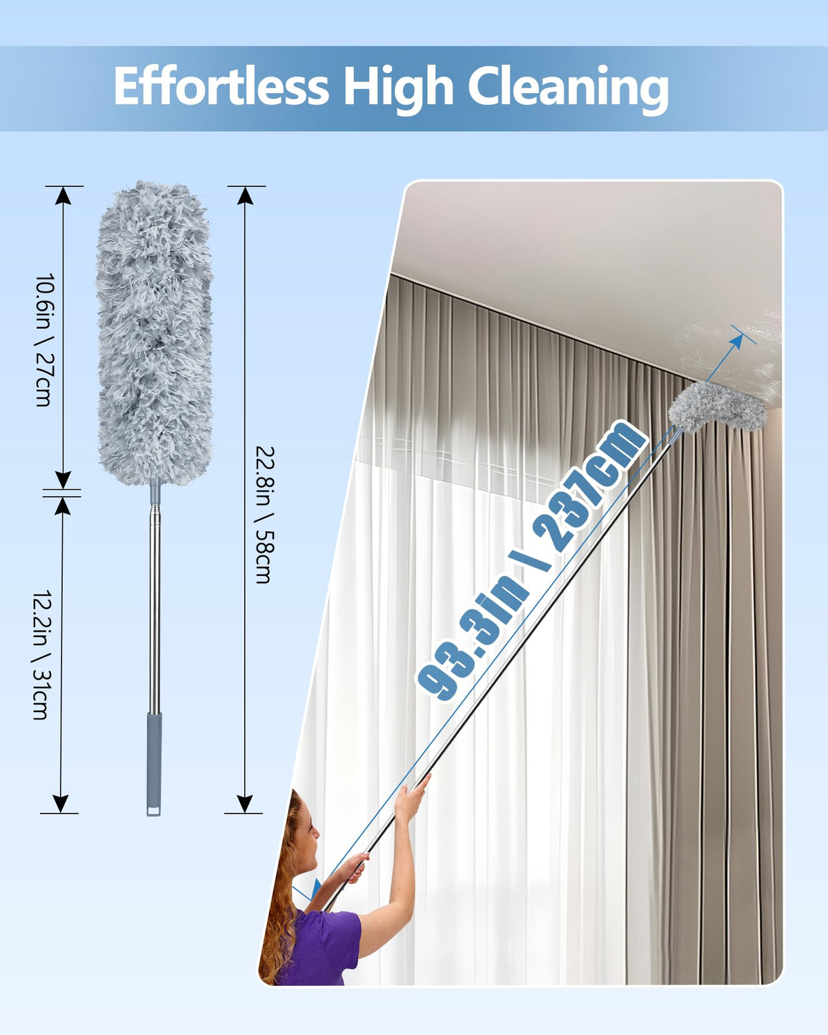 Fogray 2026 Upgraded 240cm Extendable Feather Duster with Soft Silicone Cap