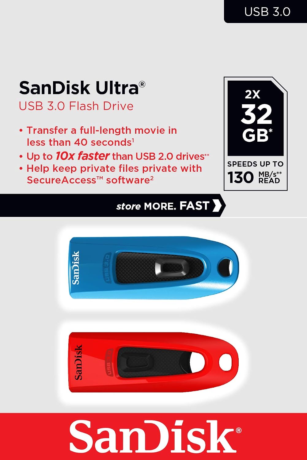 SanDisk Ultra 32 GB USB Flash Drive USB 3.0 Up to 130 MB/s Read - Twin Pack, Red/Blue (Pack of 5)