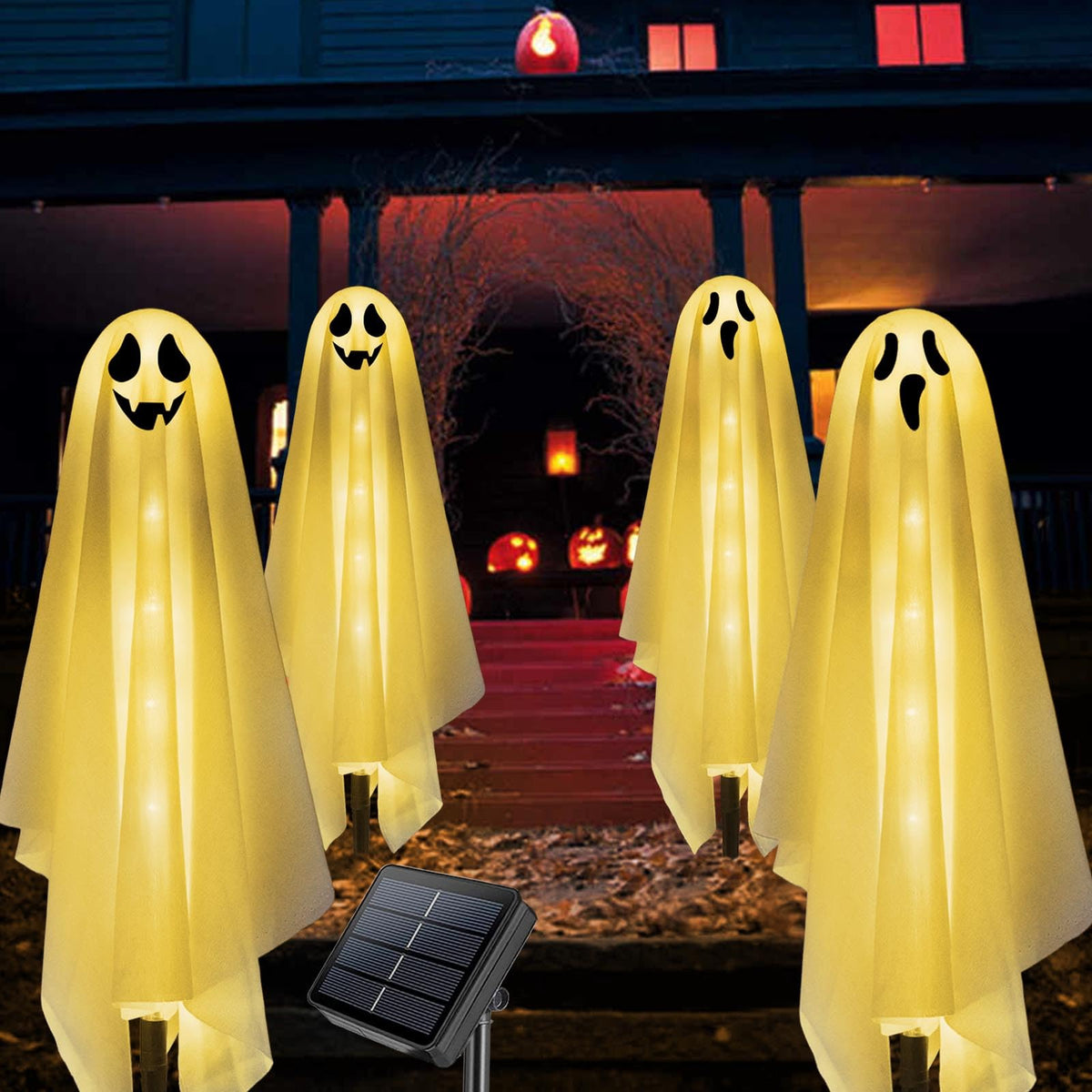 Set of 6 Solar Ghost Stake Lights, Halloween Decorations Outdoor, Scary Spooky Garden Patio Grave Lawn Porch Pathway Lights for Outside Yard Trick or Treat Halloween Party Decor Cool White