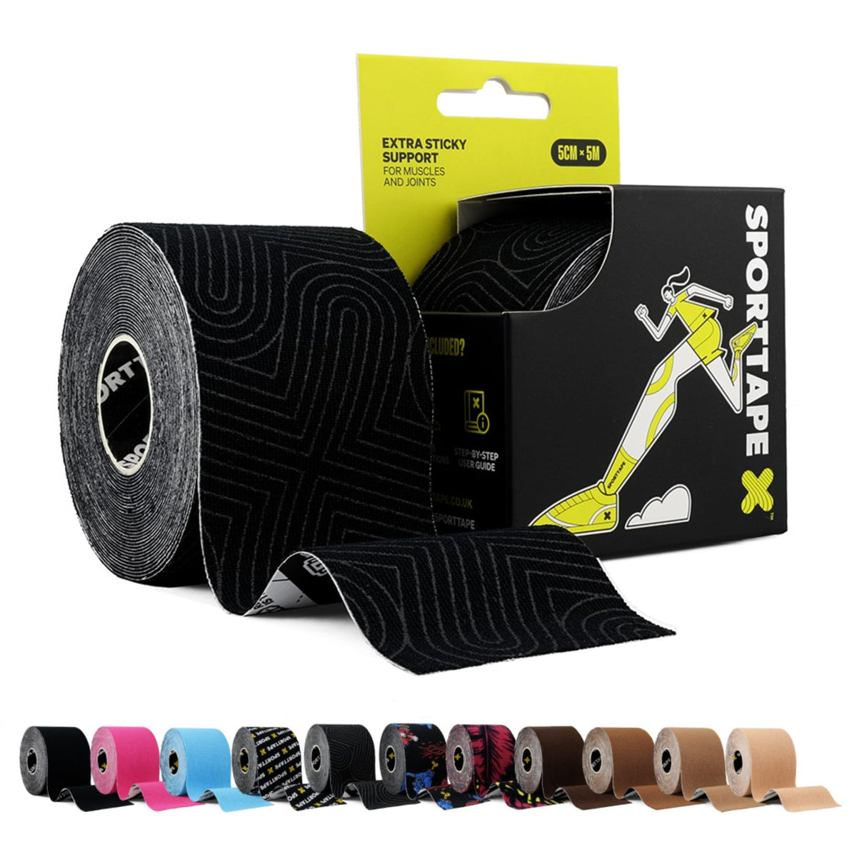 SPORTTAPE Kinesiology Tape, 5cm x 5m, Black - Waterproof, Hypoallergenic