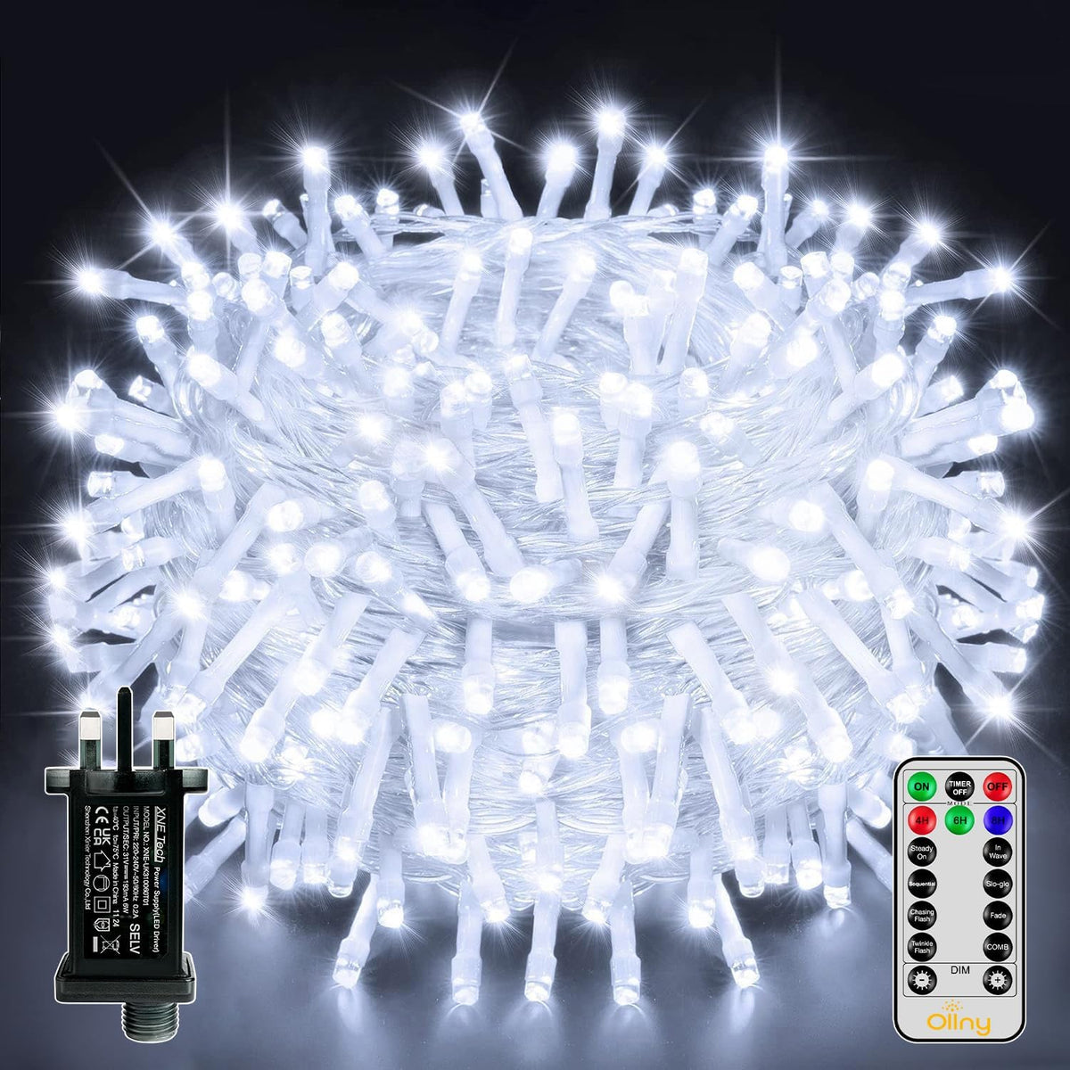 Ollny Fairy Lights Mains Powered 20m 200 LED Outdoor String Plug Remote