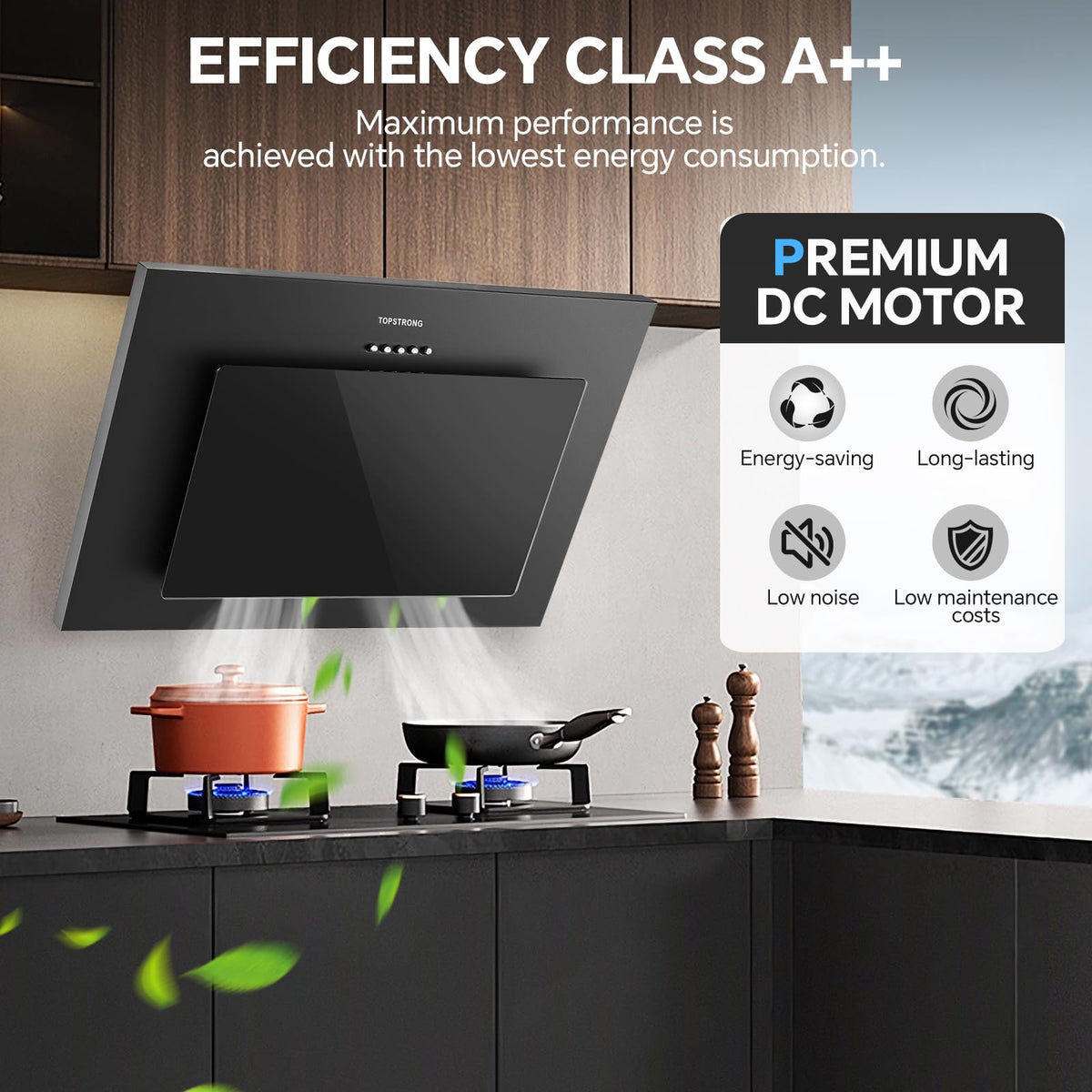 TopStrong Cooker Hood 90cm, 600 m³/h Extractor Fan kitchen, Wall-Mounted Extractor Hood, A++ Energy Efficiency, Touch Control, 58 dB, Recirculating & Ducting System, Black