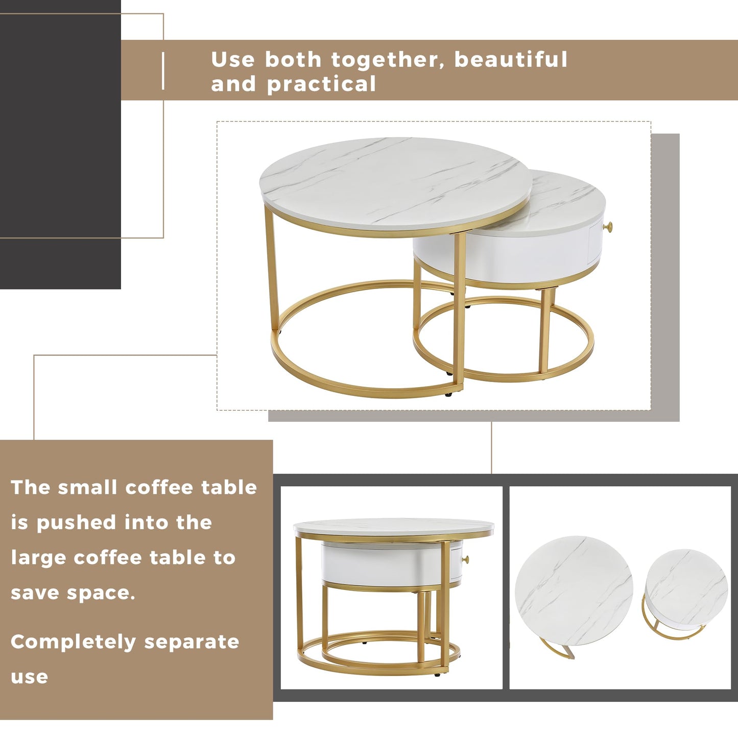 ModernLuxe 2-in-1 Coffee Table, Multi-functional Side Table with Marble Grain Veneer Top, Rattan Drawers, Solid Wood Handles, Gold Coloured Iron Legs, Round Nest of Tables for Living Room, Black