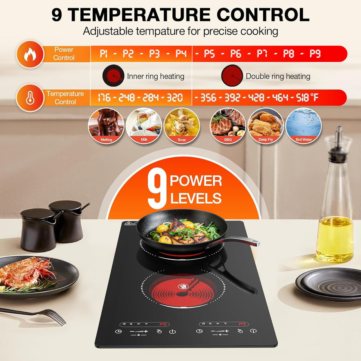 VBGK 2 Ring Electric Hob with Knob, 220V 3000W Double Ceramic Hob, 9 Power Levels, Kids Lock & Timer, Hot Surface Indicator, Overheat Protection, Knob and Touch Control Double Electric Hob