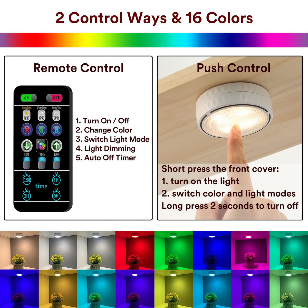 Onumii Under Cupboard Kitchen Lights Battery Operated LED Under Cabinet Lighting, Stick on Wardrobe Lights Under Counter with Remote Control, RGB Puck Light, 6 Pack - Black