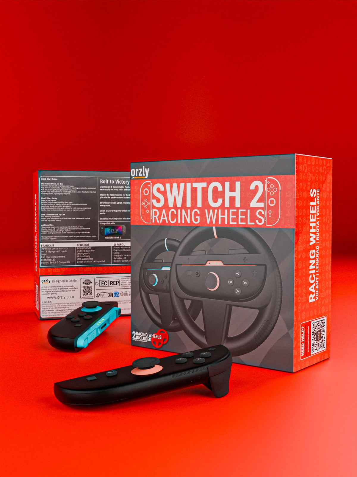 Orzly Racing Steering Wheels – Compatible with Switch 2 (2025 Console) – Party Pack of 4 Joy-Con Controller Attachments for Racing Games (2 Black, 1 Blue, 1 Red)