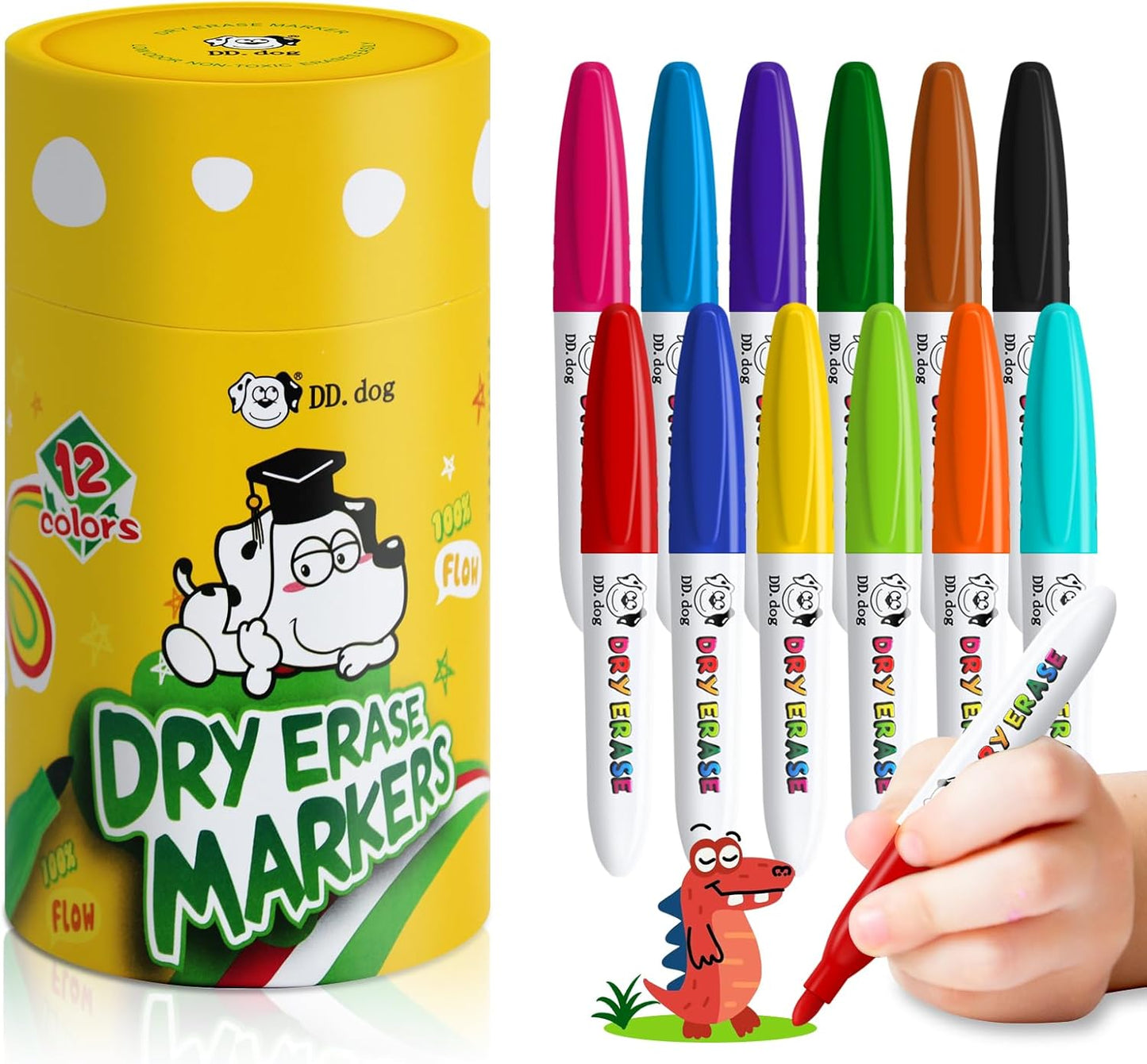 12 Colour Kids Dry Wipe Whiteboard Pens Non-Toxic Fine Tip Low Odour Mini Dry Erase Markers for School Classroom Home Children Art Supplies