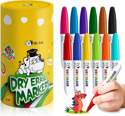 12 Colour Kids Dry Wipe Whiteboard Pens Non-Toxic Fine Tip Low Odour Mini Dry Erase Markers for School Classroom Home Children Art Supplies