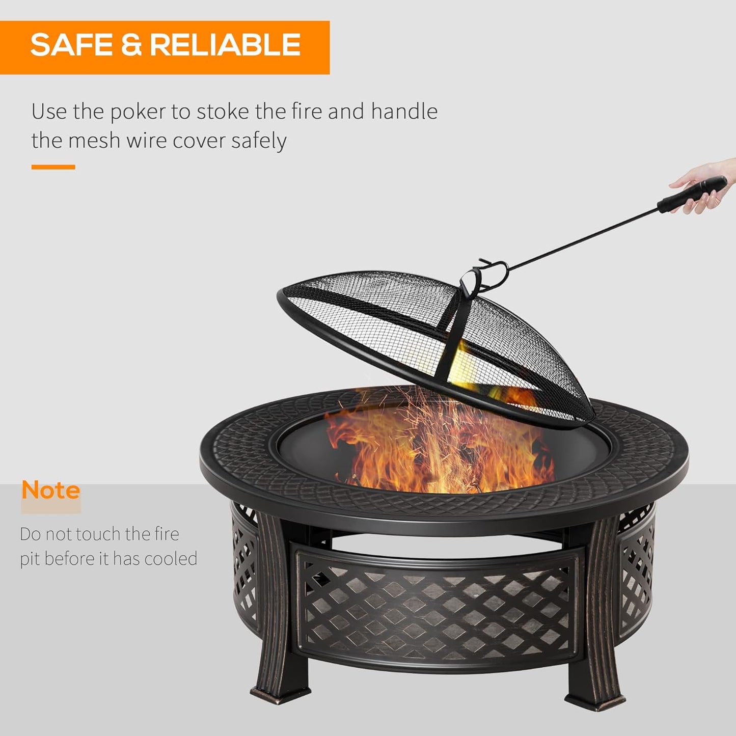 Outsunny 81 x 81 x 50 cm Outdoor Fire Pit, Round Firepit with Grill Net, Mesh Lid, Poker, for Garden, Camping, Bonfire, Picnic, Bronze Tone