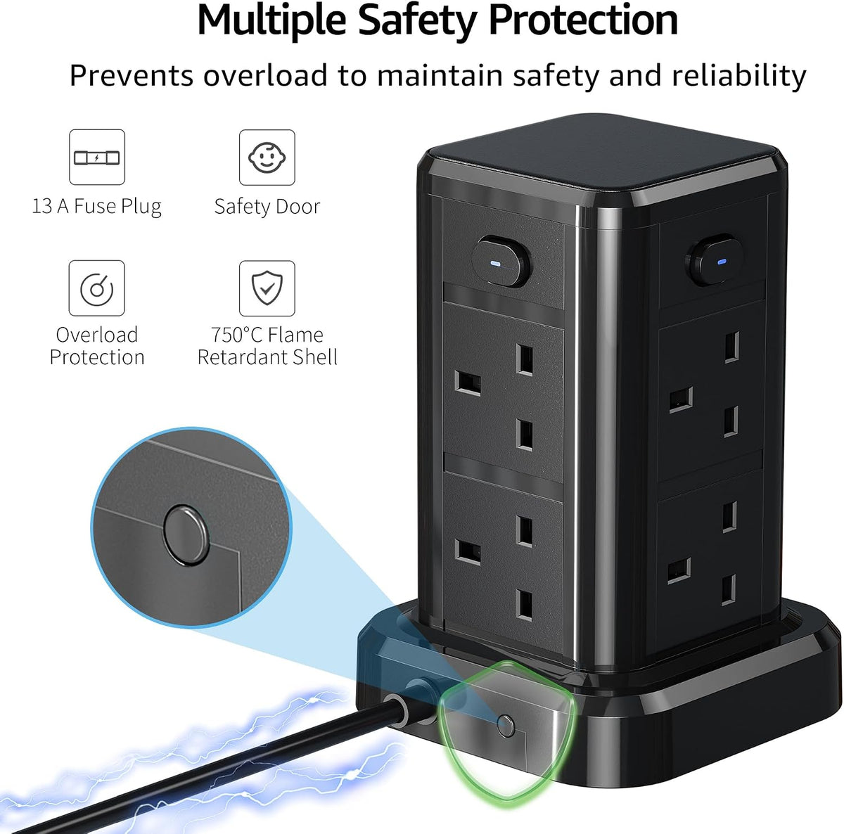 6M Tower Extension Cord with 6 USB Slots, Toomke 8 Way Extension Sockets with 3 USB A and 3 USB C, Tower Plug Extension with 4 Independent Switches 13A 3250W