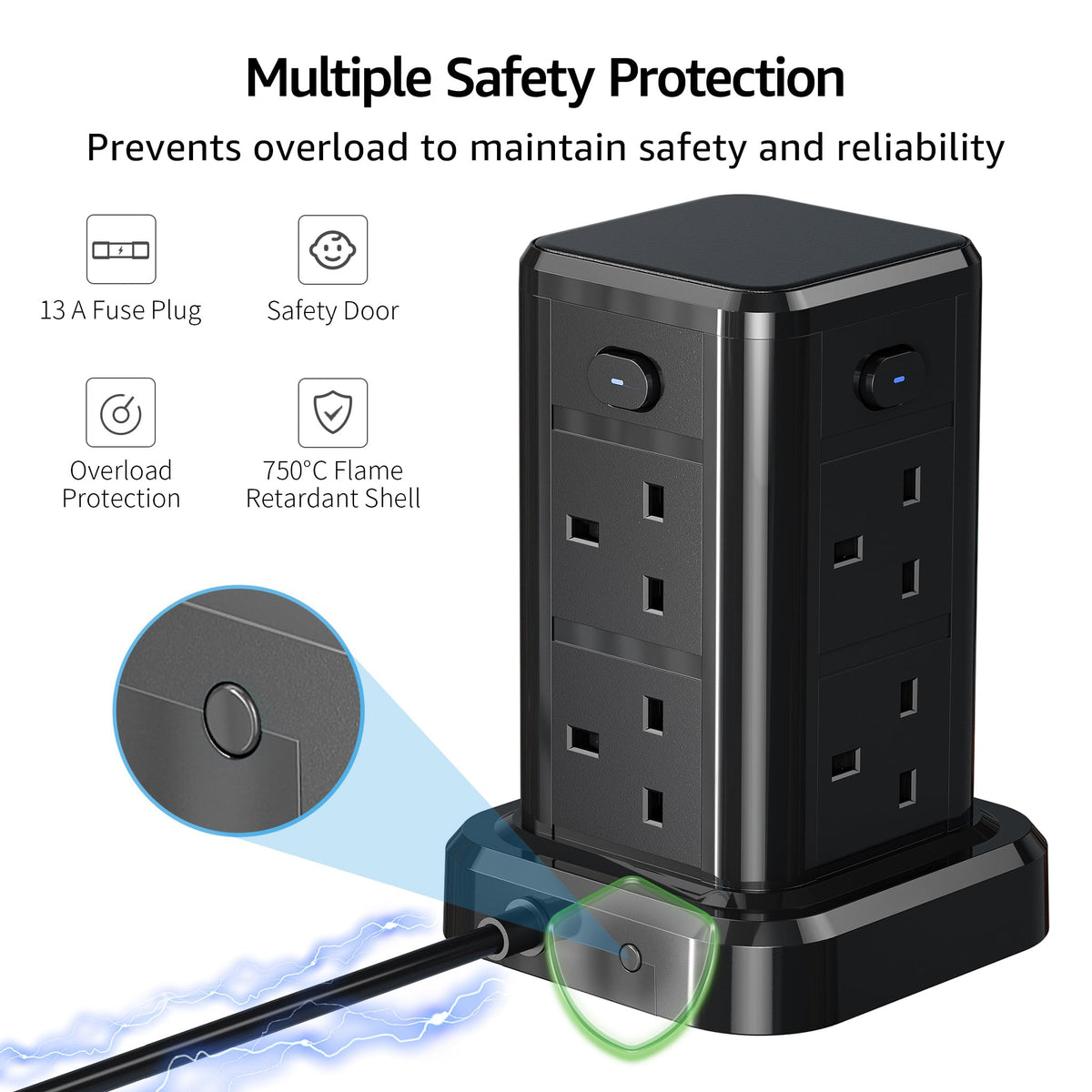 6M Tower Extension Cord with 6 USB Slots, Toomke 8 Way Extension Sockets with 3 USB A and 3 USB C, Tower Plug Extension with 4 Independent Switches 13A 3250W