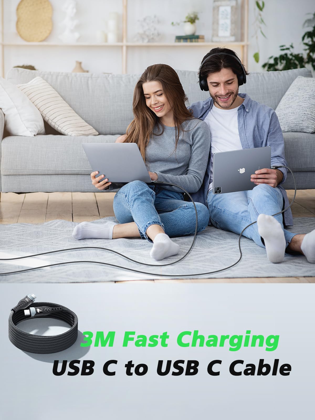 USB-C to C 1M 100W PD3.0 Fast Charging Cable - Compatible with MacBook Pro, iPad Air, iPhone 15, Samsung S23/S22/S21 Ultra, Pixel 7/6, Switch, PS5