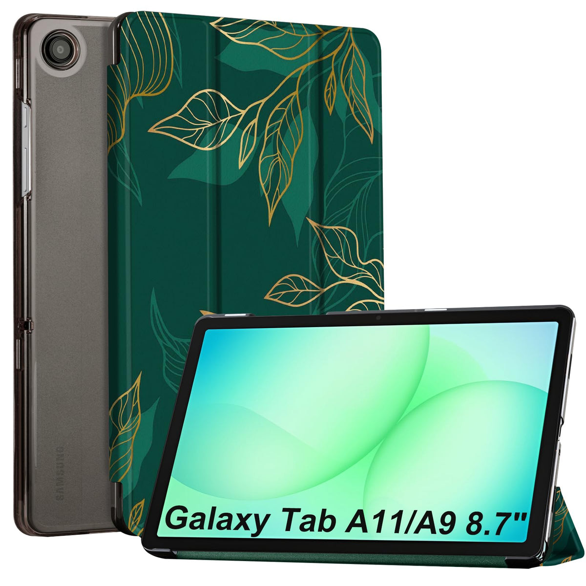 CoBak Case for Samsung Galaxy Tab A11+ Plus 11 Inch 2025/A9+ Plus 2023 - PU Leather Smart Cover with Auto Sleep/Wake for Tab A11+, Translucent Hard Shell, Multi-Viewing Angles, Green Pattern
