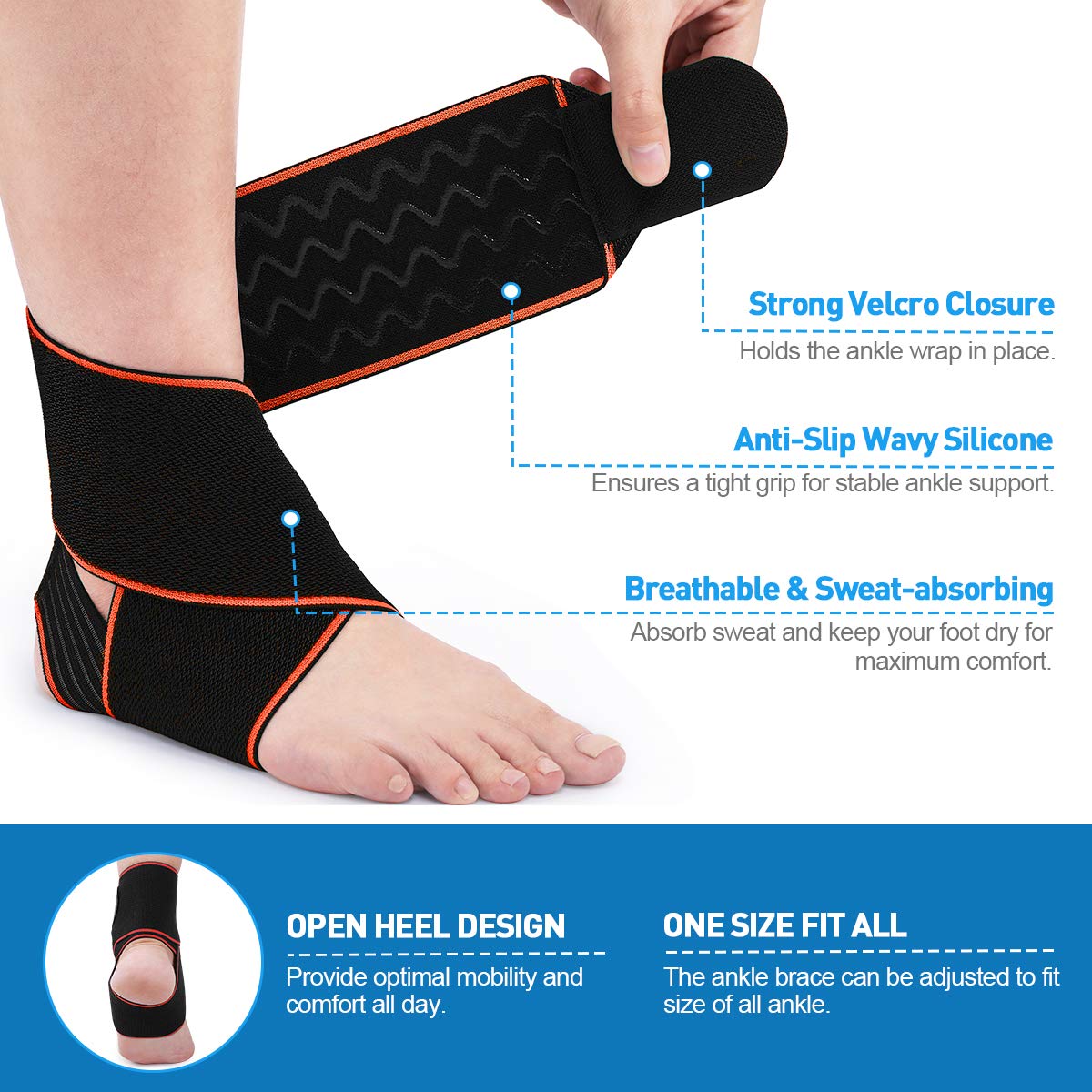 WASPO Ankle Support Brace - Adjustable Ankle Brace Wrap Strap for Sports Protect, Plantar Fasciitis, Achilles tendonitis, Ligament damage, Injury Recovery, One Size for Men Women 1 PC Blue