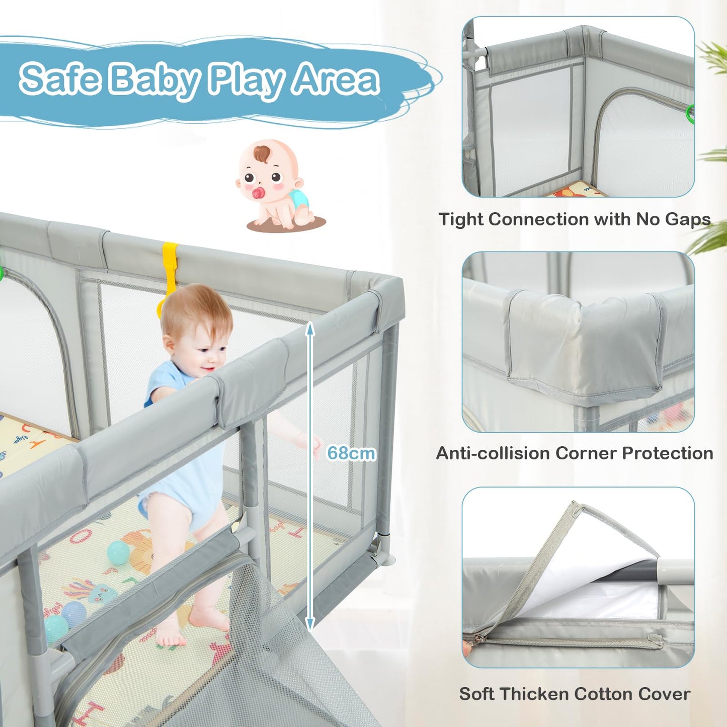 COSTWAY Baby Playpen, Toddler Mesh Play Pen with Mat, Pull Rings, Basketball Hoop, Football Nets, Ocean Balls, Indoor Outdoor Safety Playard for Babies and Toddlers (Light Gray, 207 x 142cm)