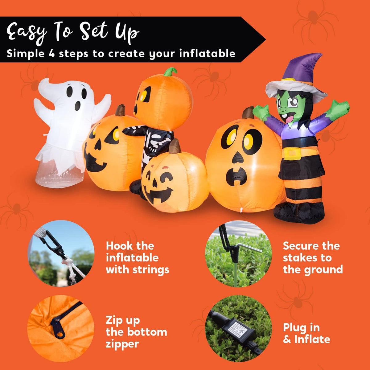 Joiedomi 8 ft Long Inflatable Three Characters and Pumpkin Patch With Built-in LEDs for Halloween Party Indoor, Outdoor Yard Lawn Garden Decorations