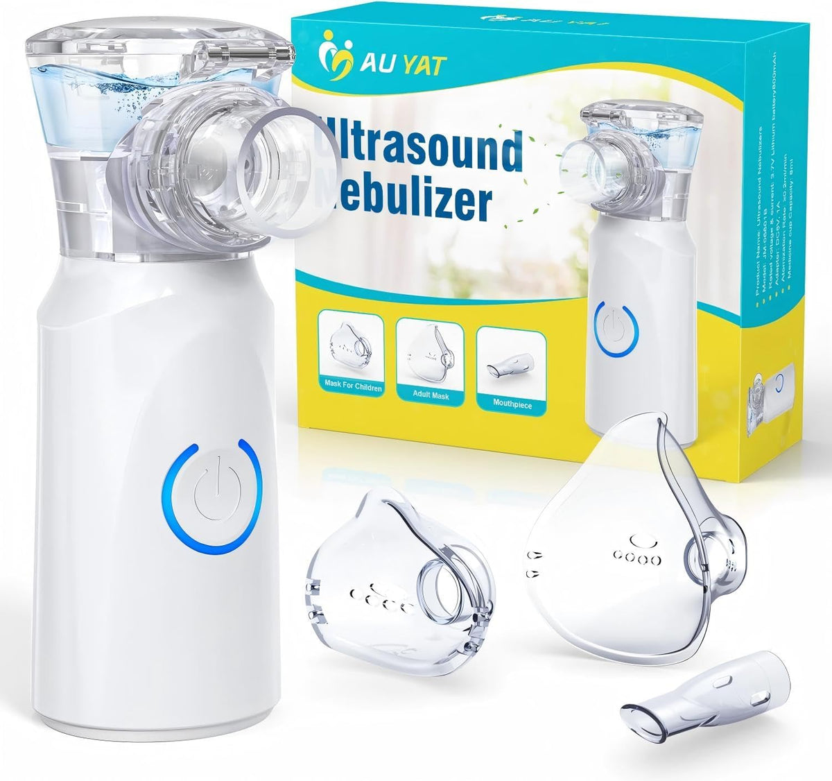 Ultrasonic Nebuliser Machine for Adults, Rechargeable Portable Nebuliser for Adults & Kids, AU YAT Silent Nebuliser for Kids with 2 Masks and Mouthpiece, Handled Nebulizer for Home-Pure White