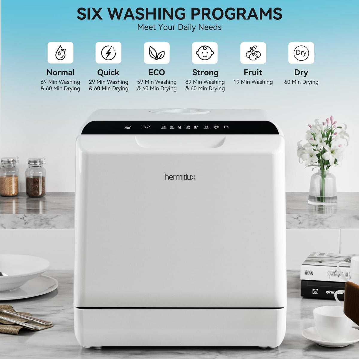 Hermitlux Table Top Dishwasher, Mini Countertop Dishwasher with 4 Place Settings, 5L Built-in Water Tank, 6 Programmes, Touch Control, Baby Care and Fruit Wash, White
