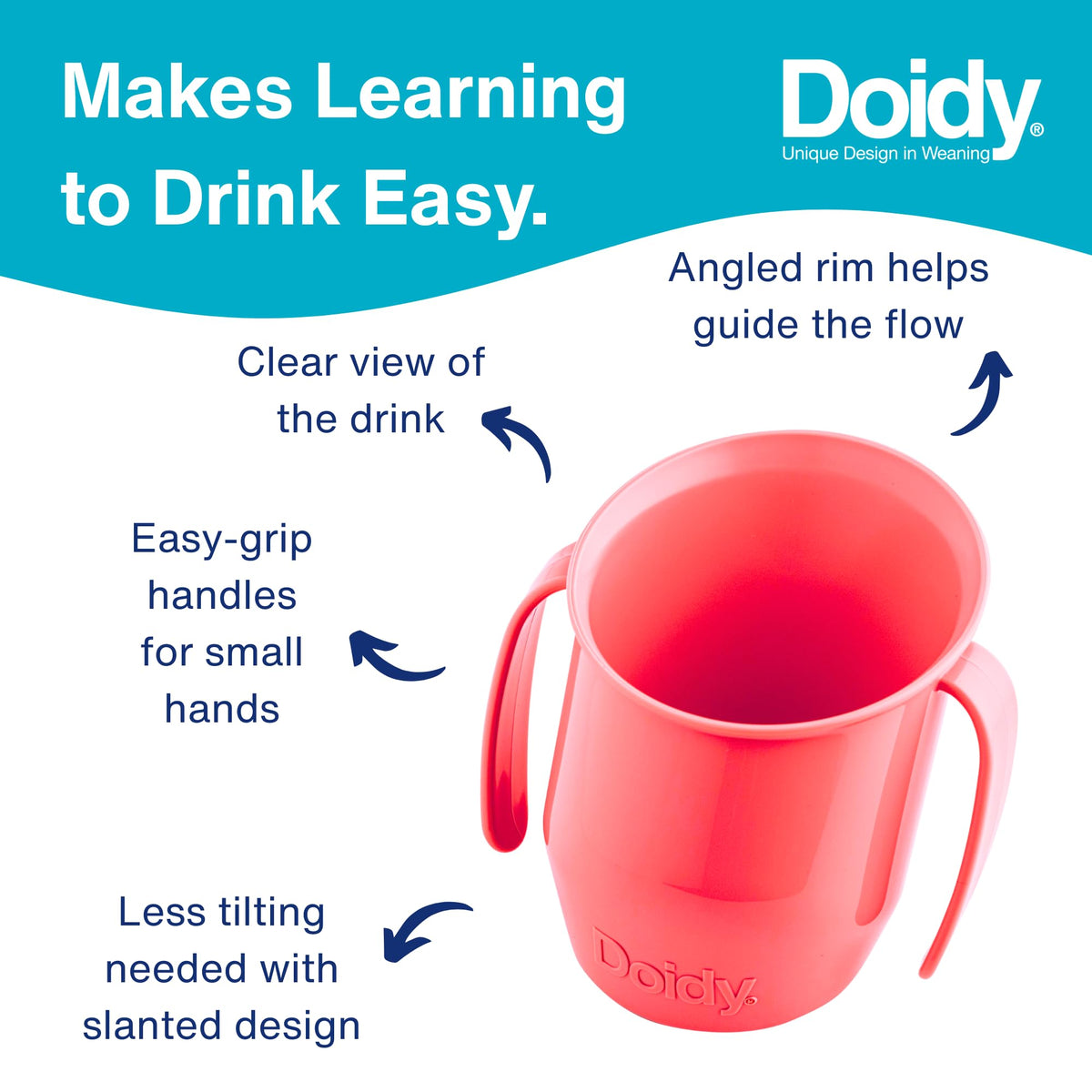 Doidy Cup, Open Cup for Training Baby 6 Months-3 Years, 200ml, Slanted Weaning Cup with Handles for Learning to Drink, BPA Free, 2 Pack (Orange)