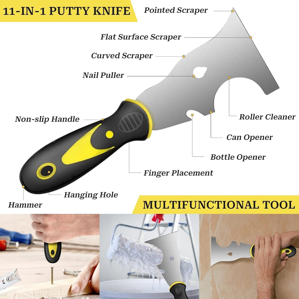 suokoun Wallpaper Scraper Set, 7 Pieces Stainless Steel Drywall Hand Tool Kit Includes Taping Putty Tool and 12" Mud Pan with Soft Grip Handle for Drywall Work