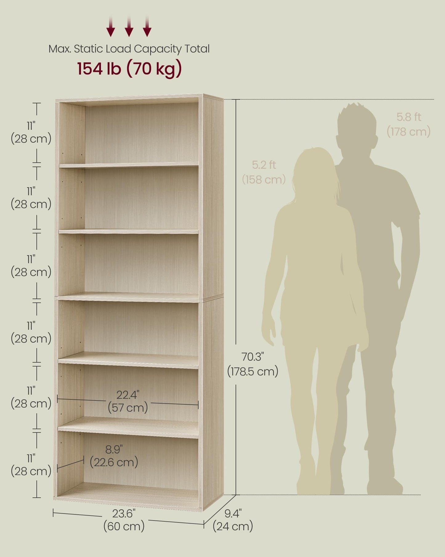 VASAGLE Bookcase, 6-Tier Bookshelf, Open Storage Shelf, Shelving Unit, 24 x 60 x 178.5 cm, for Living Room, Home Office, Dinning Room, Cloud White LBC169T14