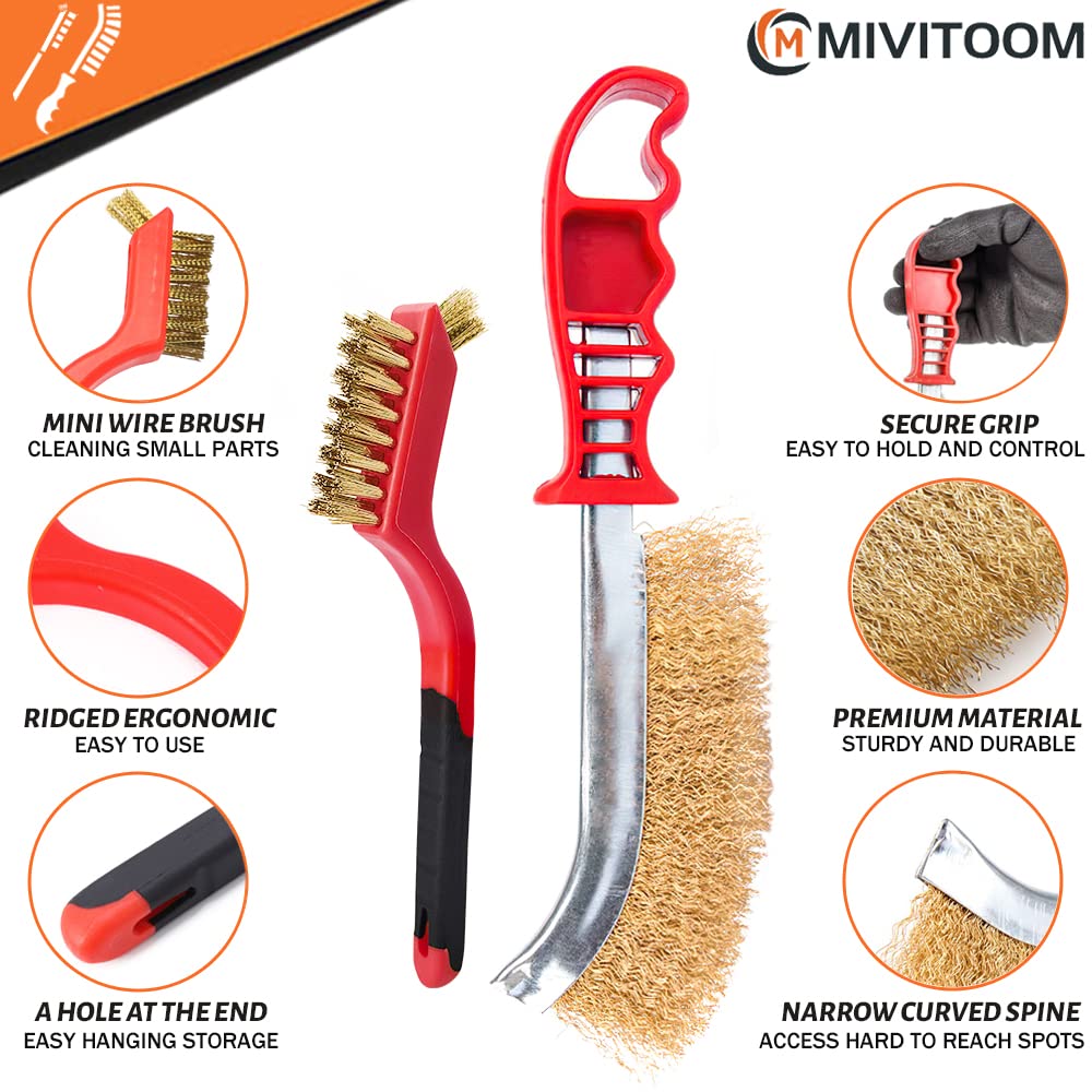 Hand Wire Brush Set 4 Pcs with Stainless Steel Brush and Brass Brush,Wire Brush for Cleaning Rust, Paint and Welding Slag (2 Big,2 Small)