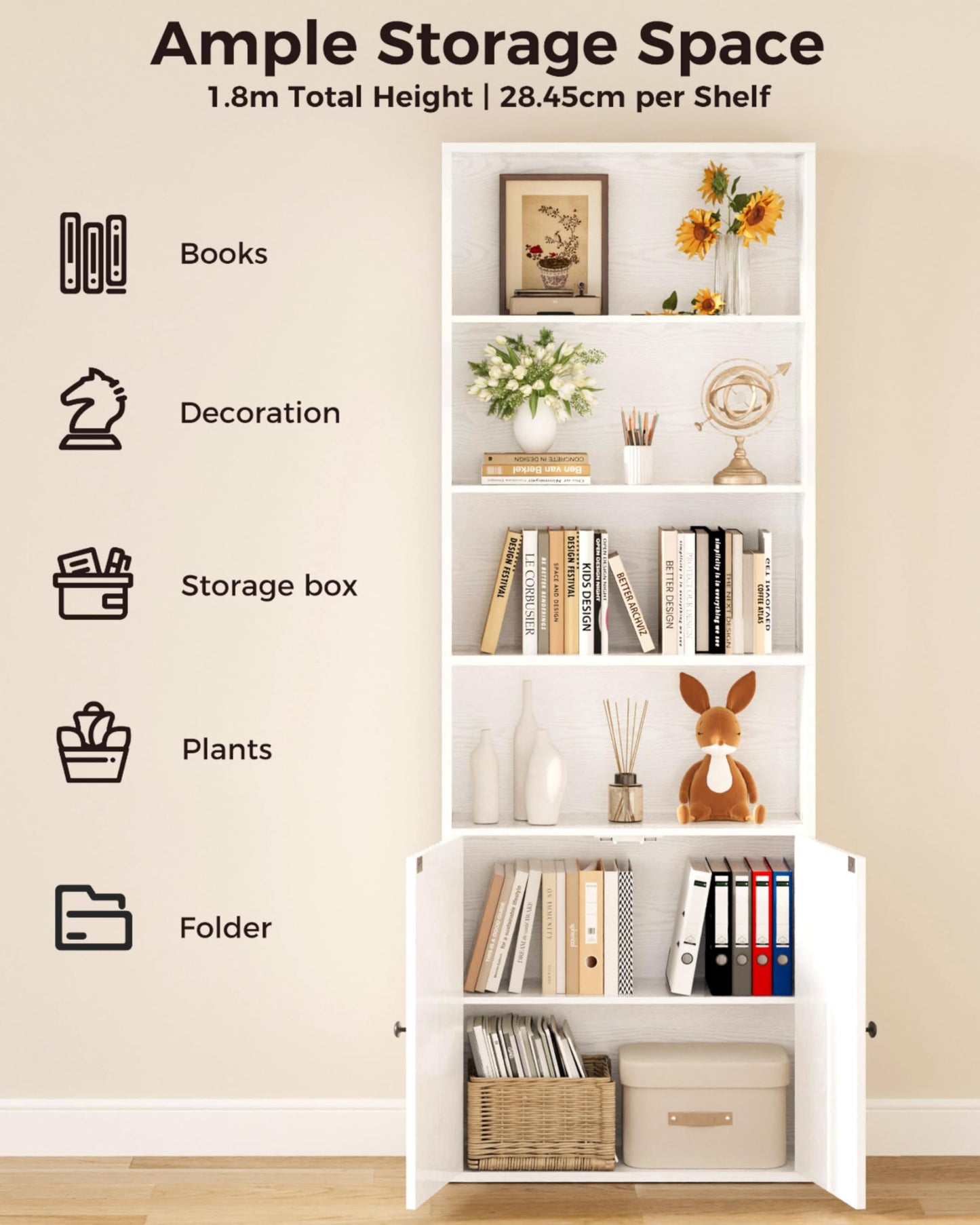 IRONCK Bookcase, Bookshelf with Doors, 6 Tier Tall Book Shelf, Shelving Unit, 60x23.5x180cm Free Standing Display Shelf for Living Room, Home Office, Dinning Room (white)