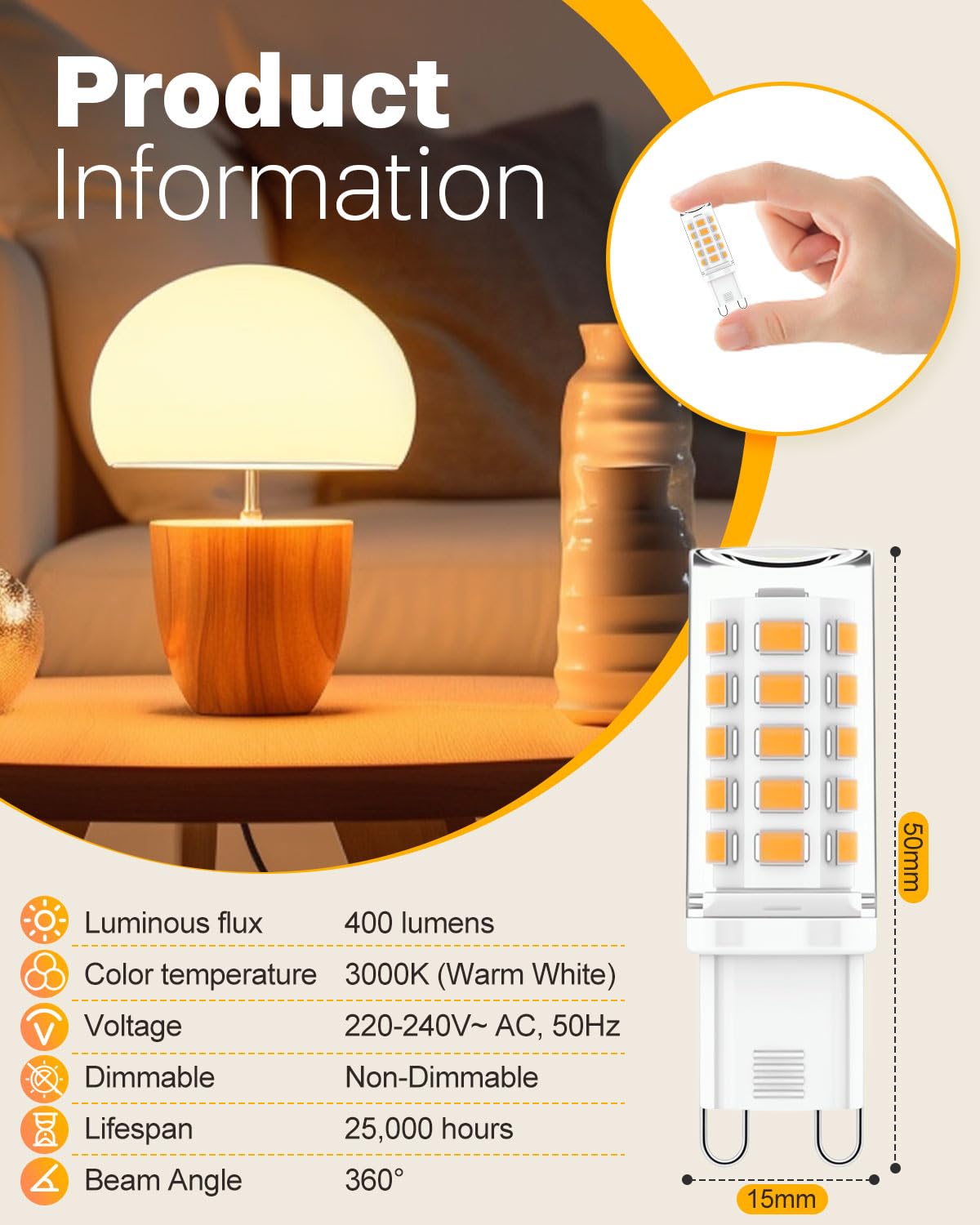 6 Pack G9 LED Bulbs Warm White, 4W, 3000K, No Flicker, Equivalent to 40W Halogen, 400LM, Non-Dimmable, Energy Saving G9 LED Light Bulbs for Decoration, Office, Home Lighting Decor and More