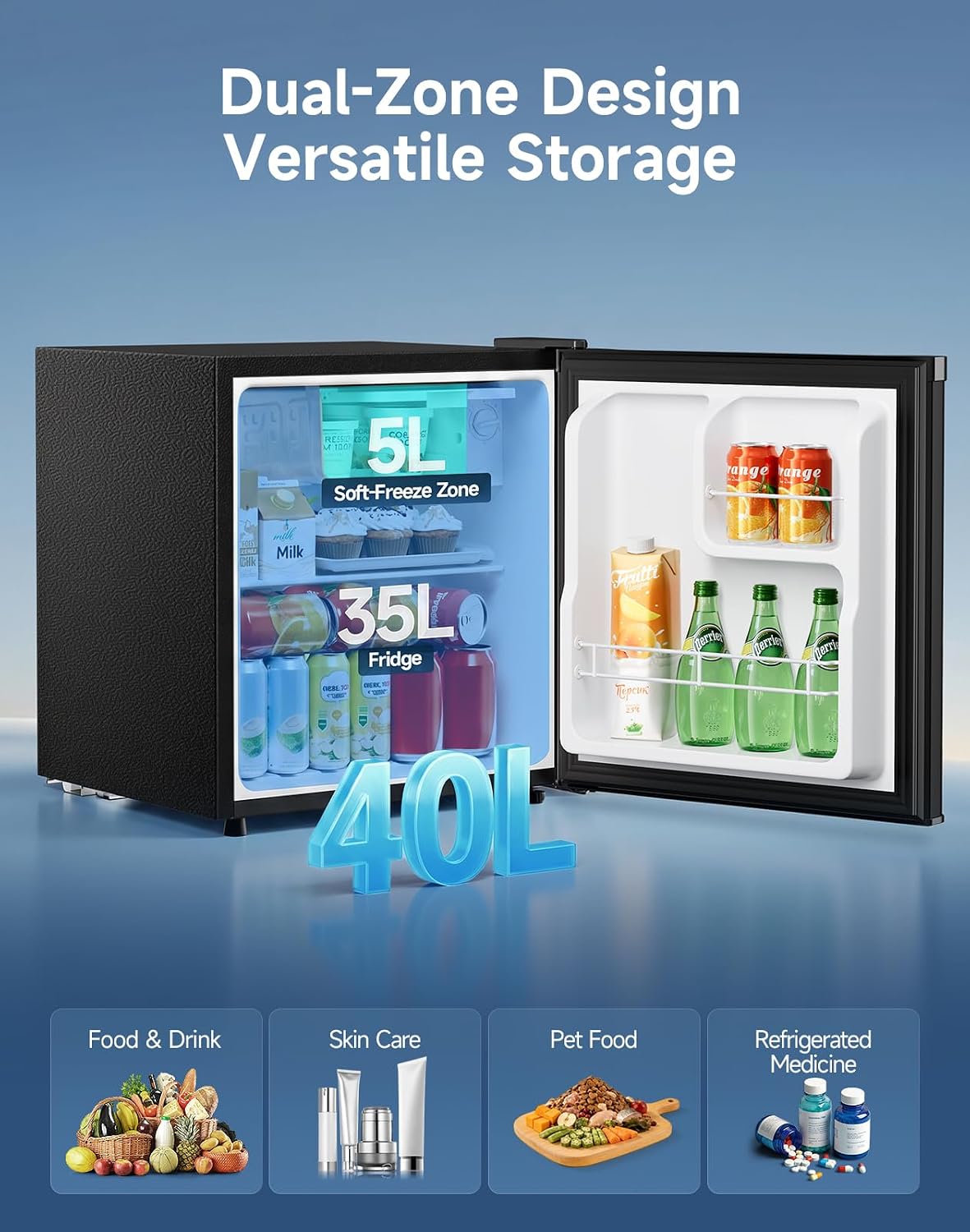 Table Top Fridge, 40L Mini Fridge With Chiller Box, Black