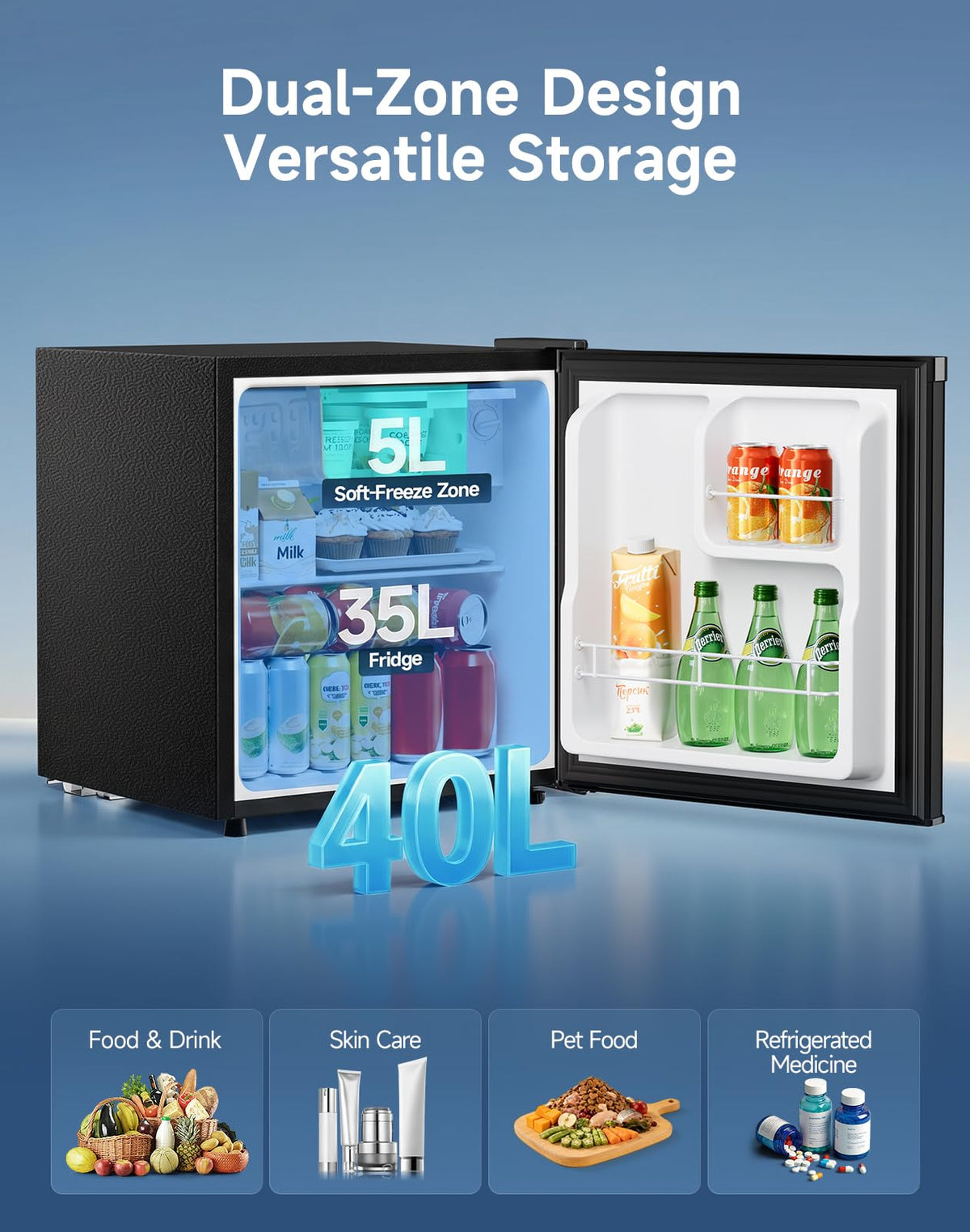 Table Top Fridge, 40L Mini Fridge With Chiller Box, Black