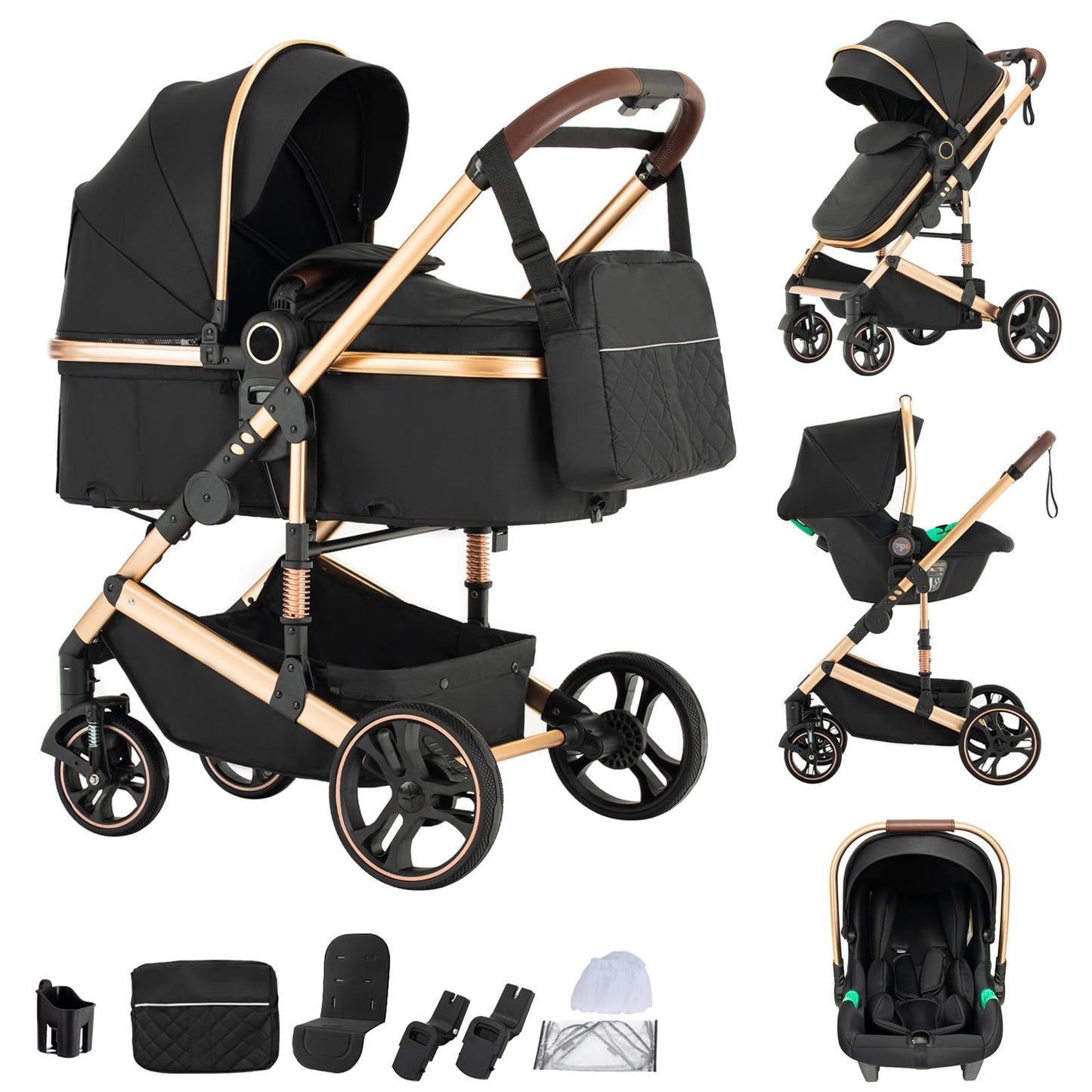 3 in 1 Pram Pushchair Aluminium Frame High Landscape Combined Buggy Lightweight Folding Stroller 3 in 1 Travel System Pram for Newborns Toddlers 0-36 Months from Birth (H9-Pink, H9)