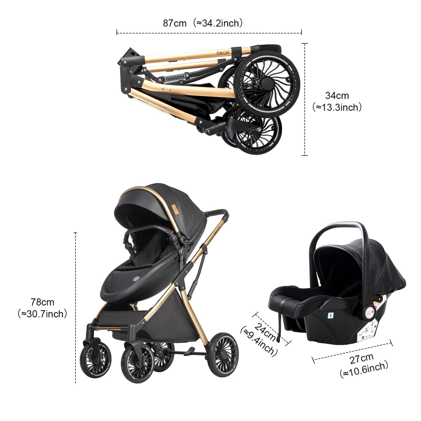 PU Leather 3 in 1 Pushchair Travel System, Toddler Stroller, Baby Pram 3 in 1, Infant Carriage with One-Click Folding, Newborn Buggy with Aluminum Frame (V6 Black)